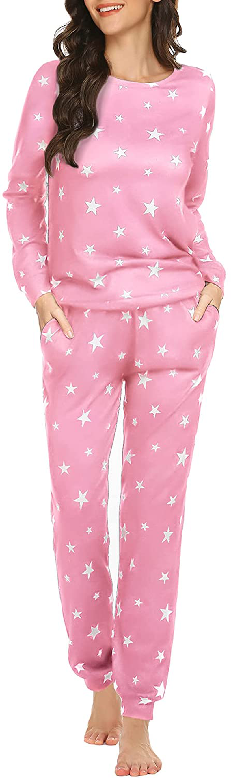 Ekouaer Womens Pajama Set Long Sleeve Sleepwear Star Print Nightwear Soft Pjs Lounge Sets with Pockets Apparel & Accessories > Clothing > Sleepwear & Loungewear > Pajamas Ekouaer A-pink White Star Small