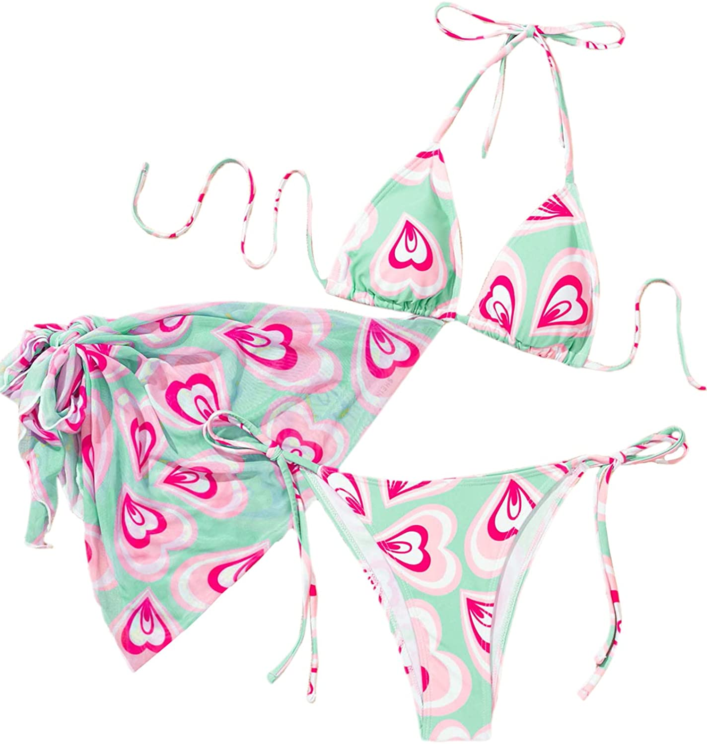 SOLY HUX Women'S Tie Dye Wrap Bikini Bathing Suits with Mesh Beach Skirt 3 Piece Swimsuits Apparel & Accessories > Clothing > Underwear & Socks > Lingerie KYLIE MAX Heart Mint Green Medium