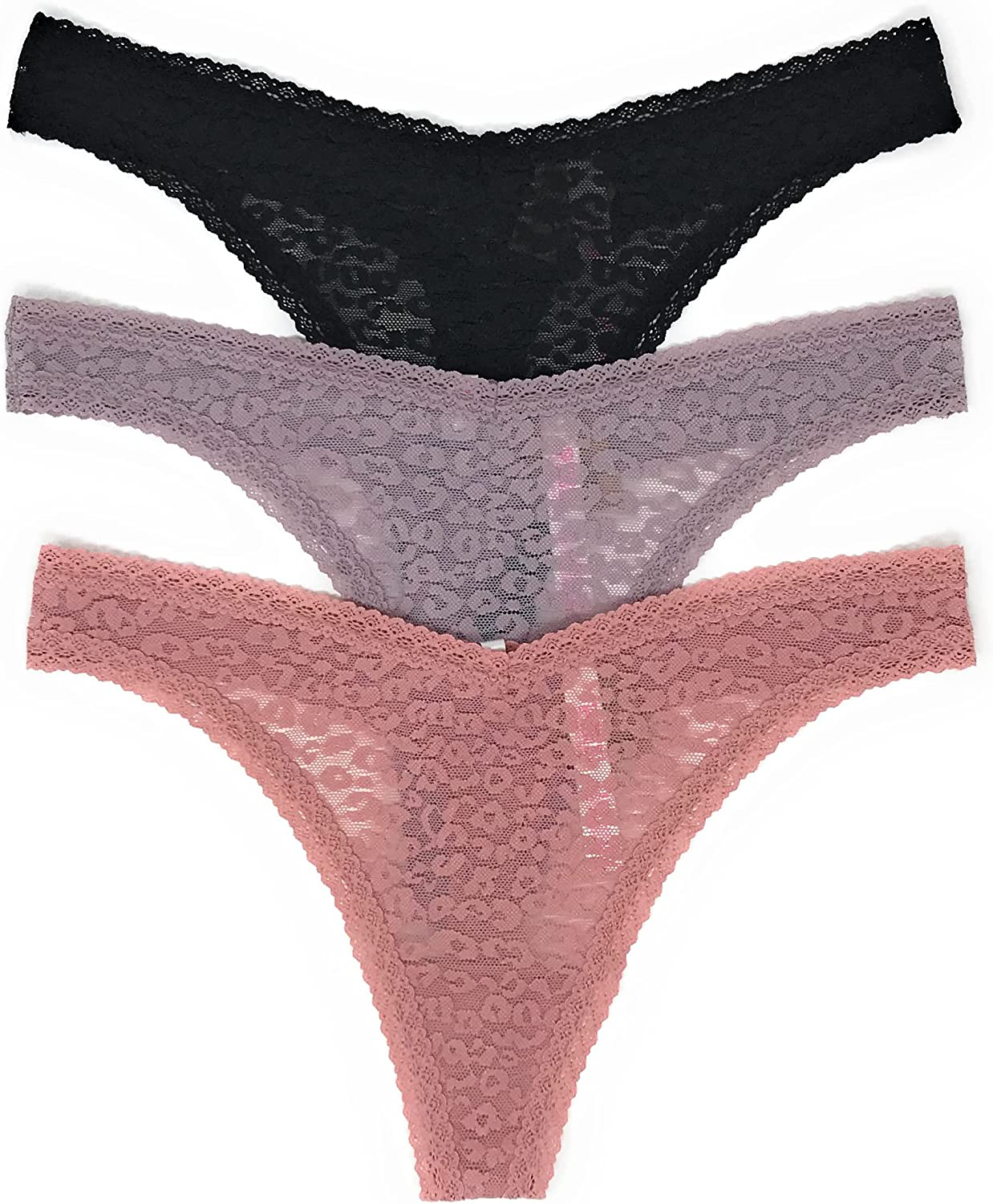 Victoria's Secret PINK Thong Panty Set of 3 Apparel & Accessories > Clothing > Underwear & Socks > Underwear Victoria's Secret Leo Lace Black / Mauve / Damsel Pink Medium