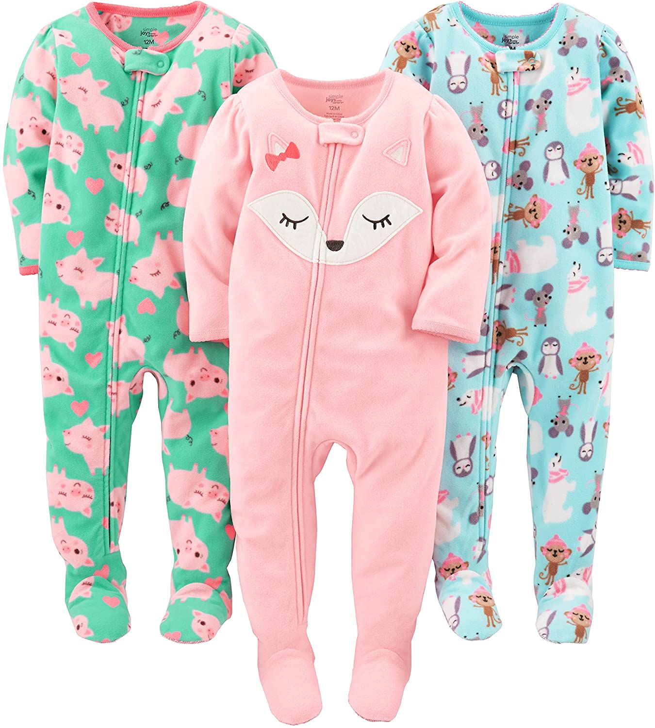 Simple Joys by Carter'S Toddler and Baby Girls' Loose Fit Fleece Footed Pajamas, Pack of 3 Apparel & Accessories > Clothing > Underwear & Socks > Lingerie Simple Joys by Carter's Polar Bear/Pig/Fox 3T