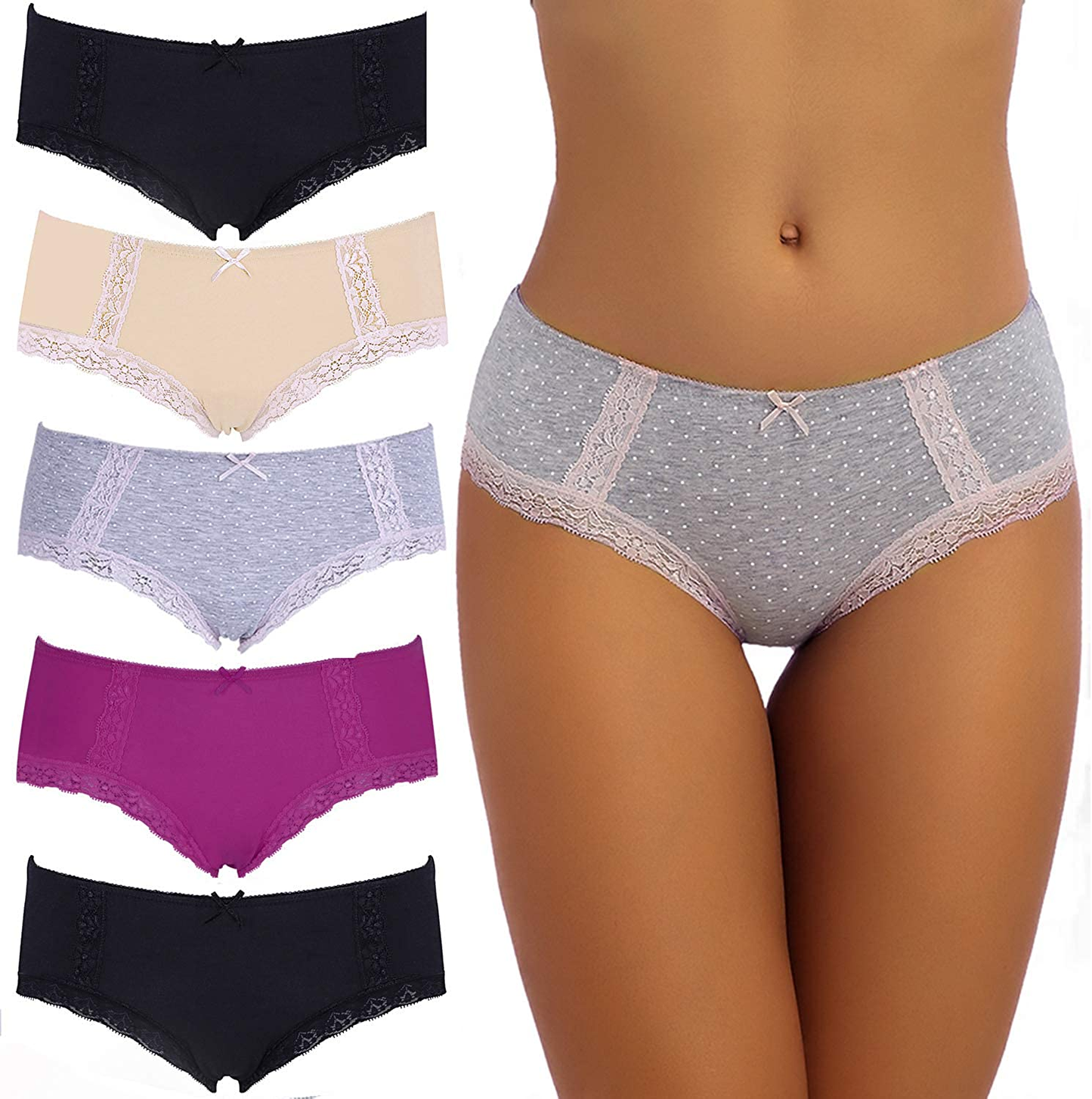 VEENXTHA Womens Underwear Panties Cotton Brief Lace Breathable Stretch Medium Waist Pack of 5 Apparel & Accessories > Clothing > Underwear & Socks > Underwear VEENXTHA Assorted of Color Lc Small