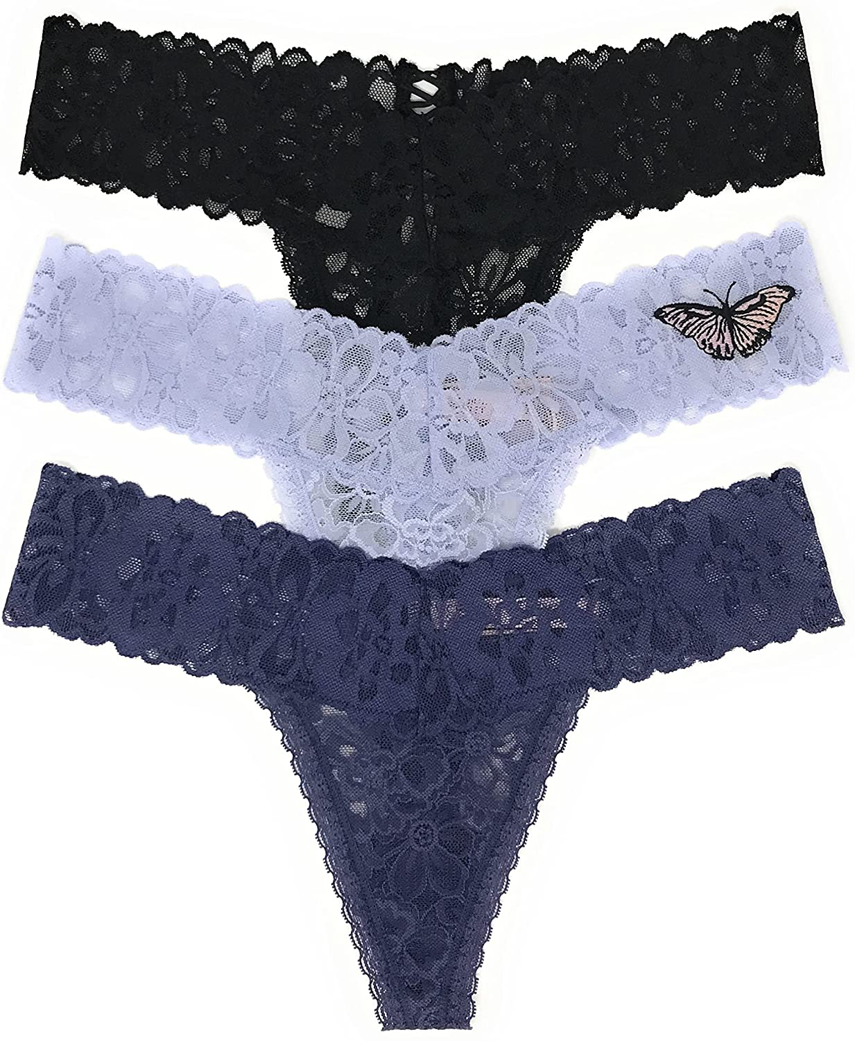 Victoria's Secret The Lacie Thong Panty Set of 3 Apparel & Accessories > Clothing > Underwear & Socks > Underwear Victoria's Secret Black Cross / Ice Butterfly / Denim Medium
