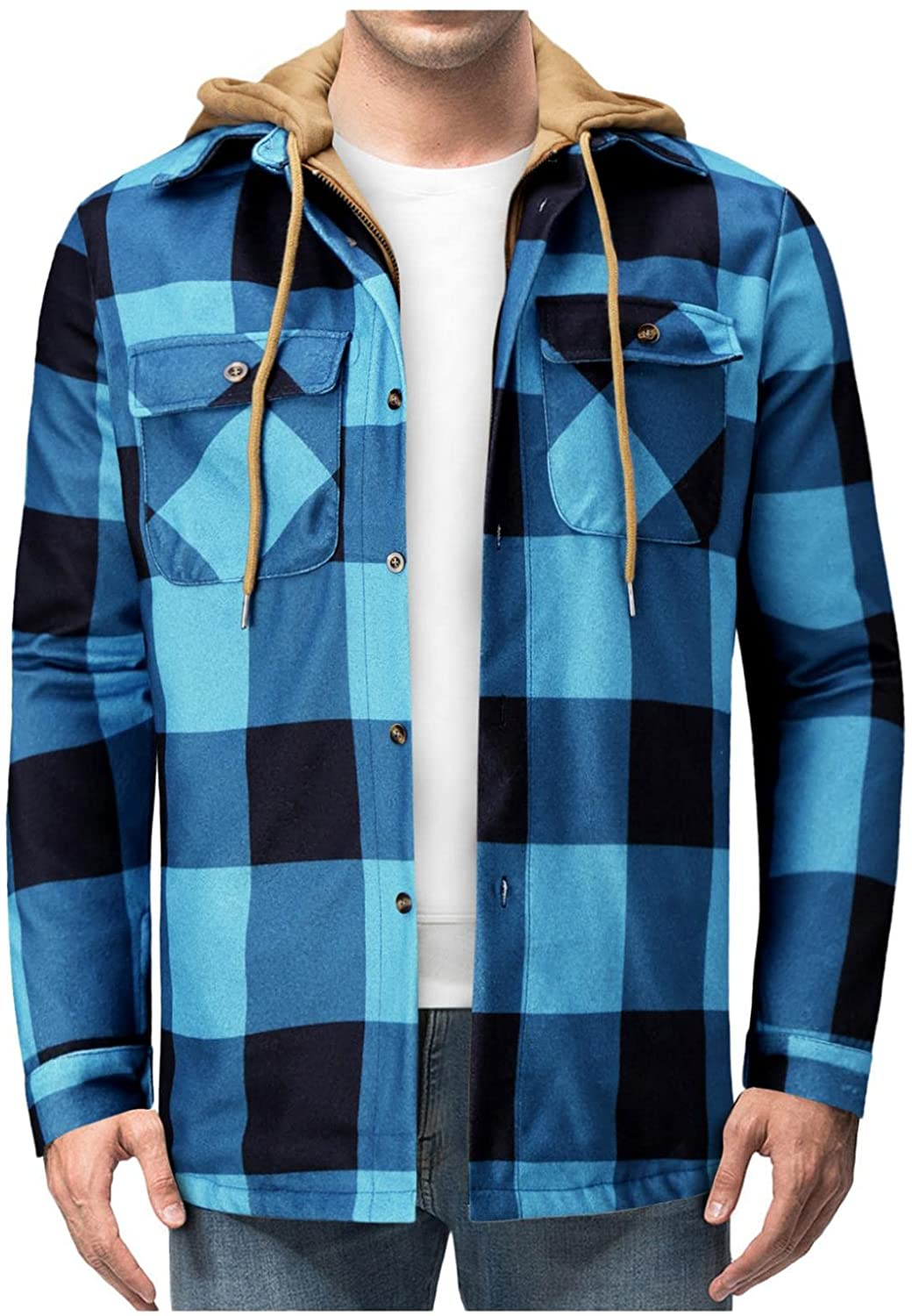Merthy Mens Big and Tall Berber Lined Flannel Shirts Jacket Casual Long Sleeve Button down Hooded Plaid Parka Coat S-5XL Apparel & Accessories > Clothing > Underwear & Socks > Shapewear Merthy