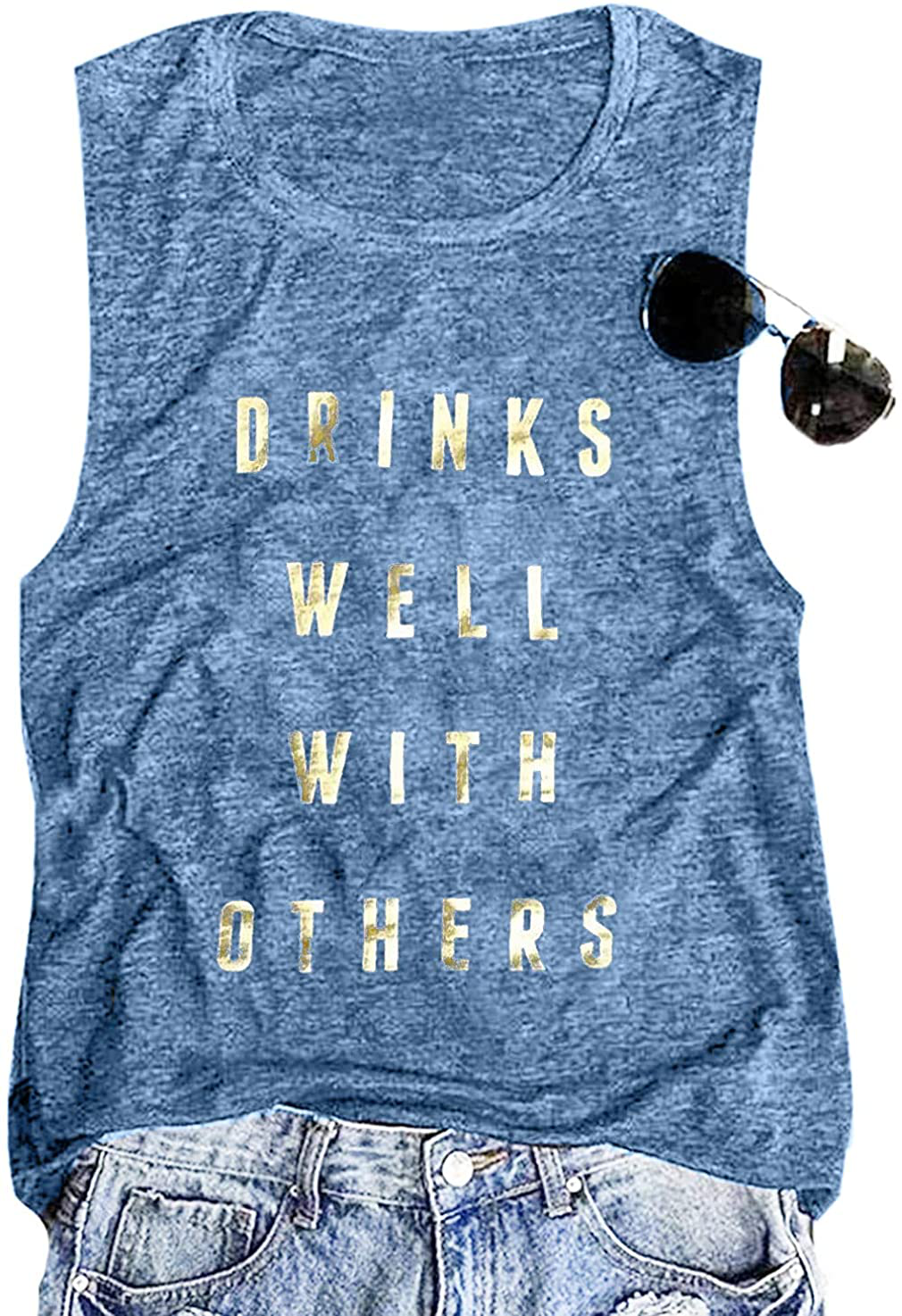 Drinks Well with Others Muscle Tank Tops Womens Funny Drinking Alcohol Sleeveless Letter Printed Graphic Tee Shirt Tops Apparel & Accessories > Clothing > Activewear Kylie Max