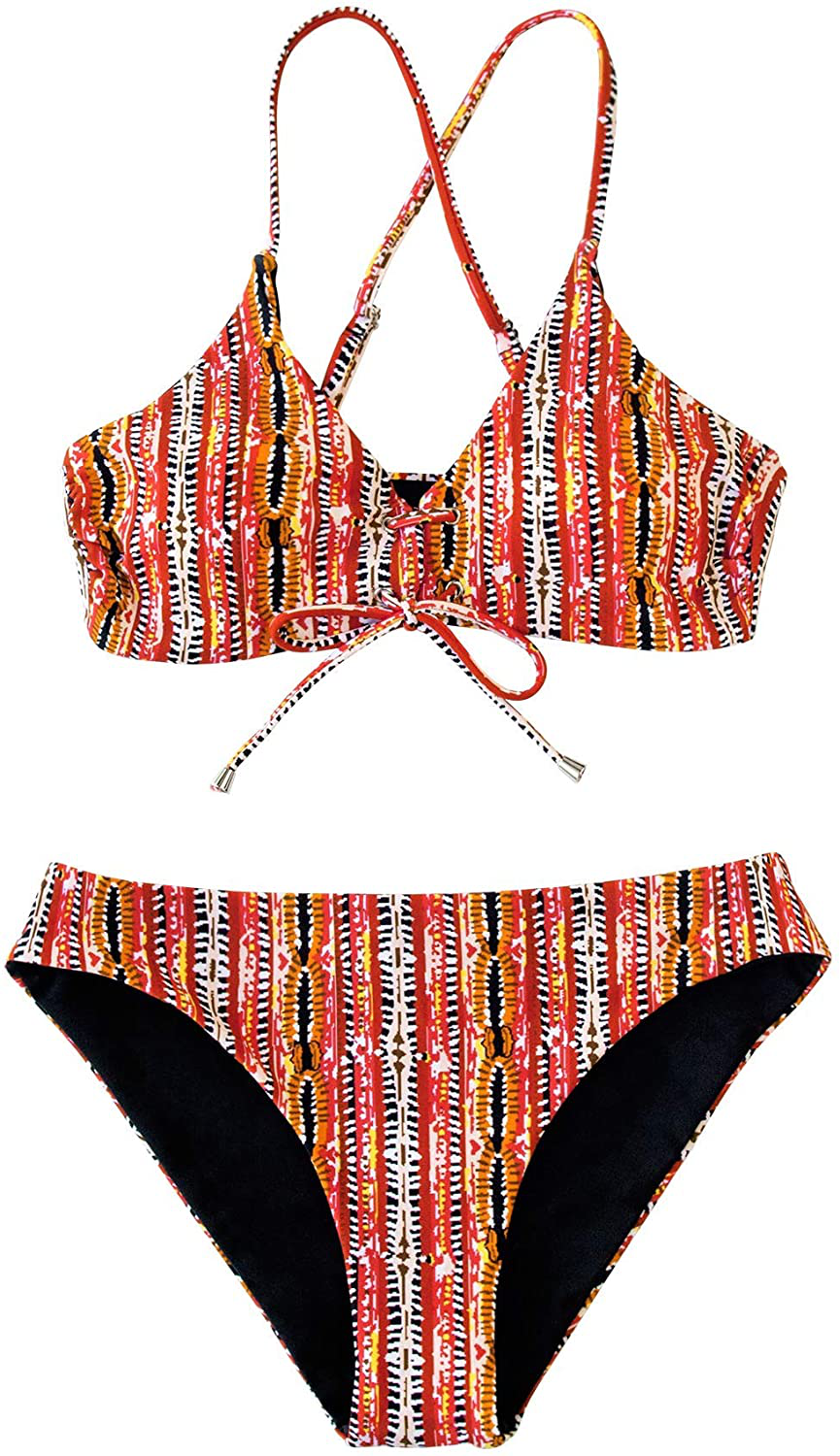 CUPSHE Women's Reversible Lace Up Bikini Sets Floral and Striped Apparel & Accessories > Clothing > Swimwear KYLIE MAX