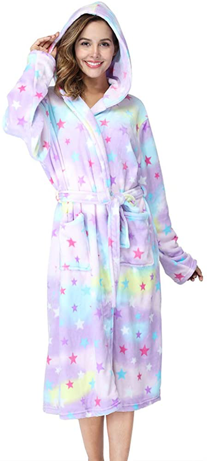 RONGTAI Womens Long Robes Plush Fleece Nightgown Thick plus Size Hooded Bathrobe with Pockets Fluffy Sleepwear for Men Apparel & Accessories > Clothing > Sleepwear & Loungewear > Robes RONGTAI Star Small