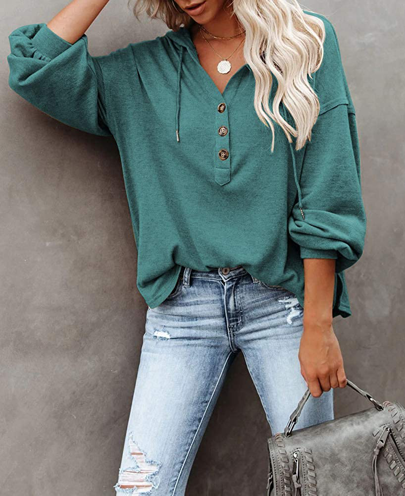 REVETRO Womens V Neck Long Sleeve Henley Shirts Button down Sweatshirts Hoodies Tunic Tops with Drawstring Apparel & Accessories > Clothing > Activewear Kylie Max