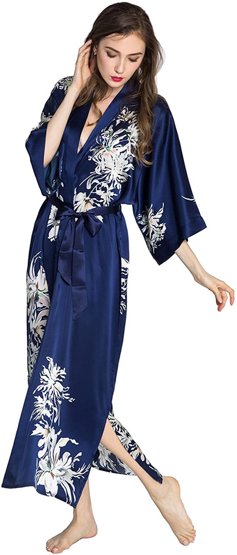KIM+ONO Women'S Silk Kimono Robe Long - Floral Print Apparel & Accessories > Clothing > Sleepwear & Loungewear > Robes KIM+ONO
