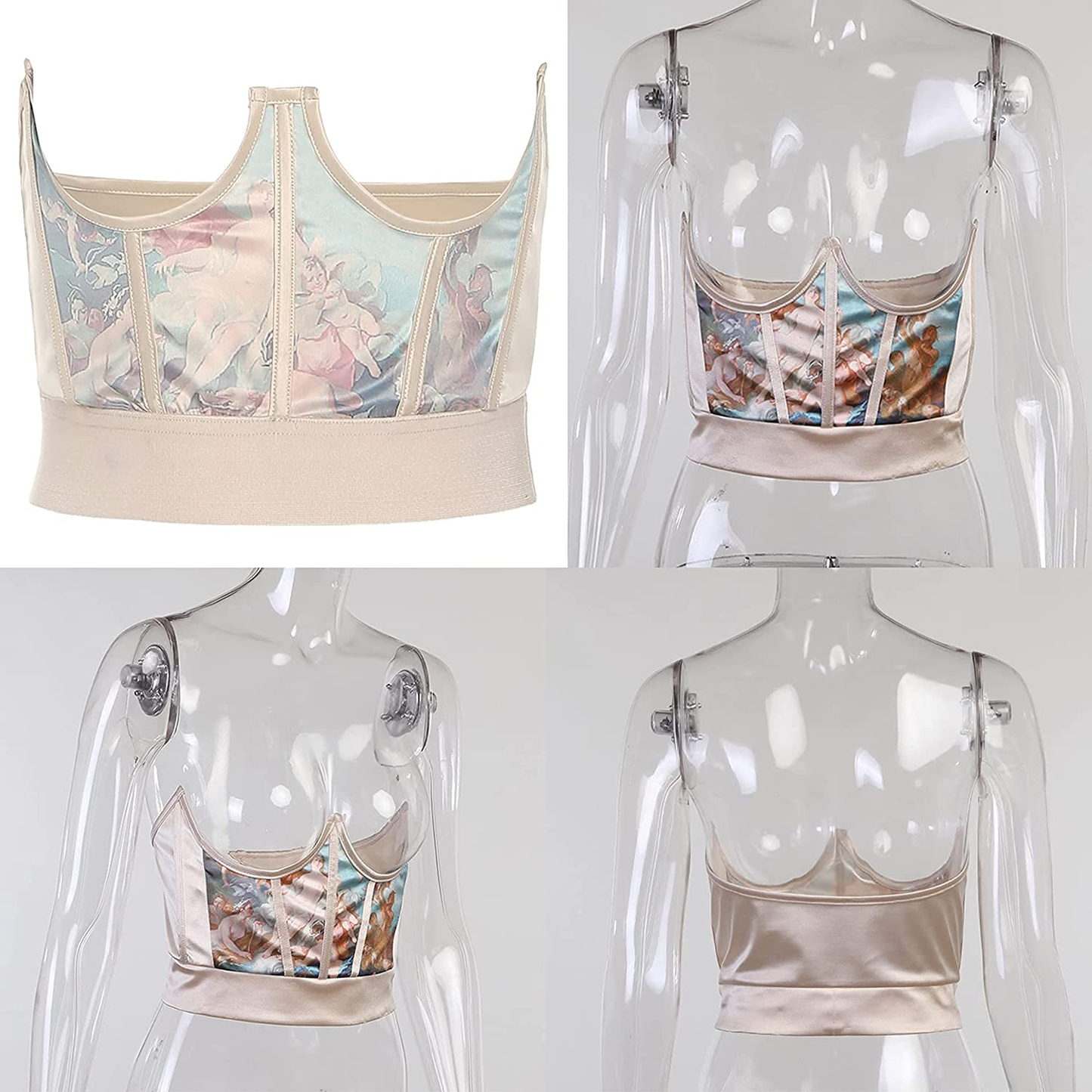 Meladyan Women Push up Corset Satin Oil Painting Print Overbust Waist Bonded Bustier Strapless Cincher Tube Top Apparel & Accessories > Clothing > Underwear & Socks > Lingerie Meladyan