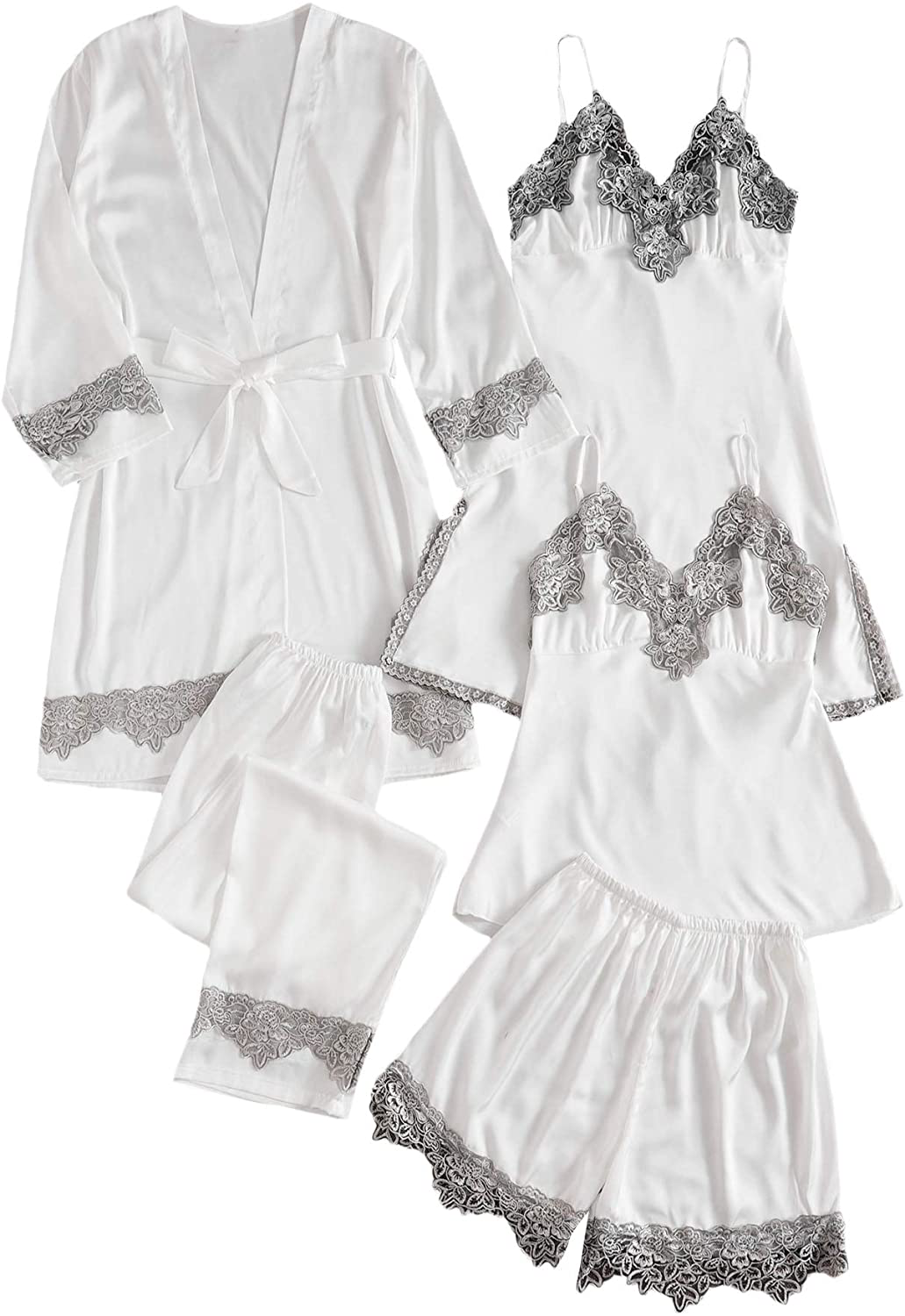 SOLY HUX Women'S Sleepwear 4Pcs Floral Print Satin Cami Pajama Set with Robe Apparel & Accessories > Clothing > Sleepwear & Loungewear Kylie Max