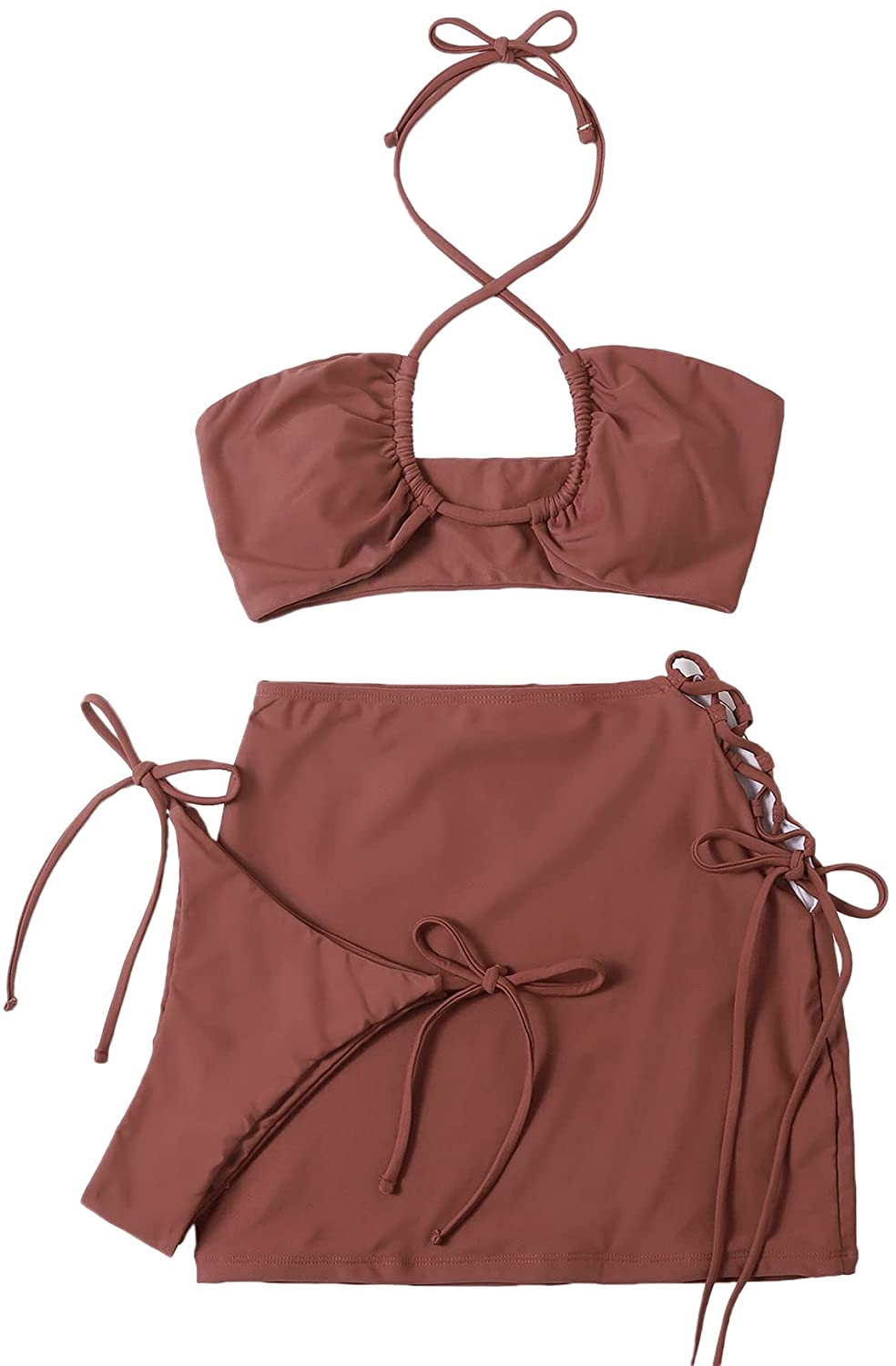 SOLY HUX Women'S Tie Dye Wrap Bikini Bathing Suits with Mesh Beach Skirt 3 Piece Swimsuits Apparel & Accessories > Clothing > Underwear & Socks > Lingerie KYLIE MAX Redwood Small