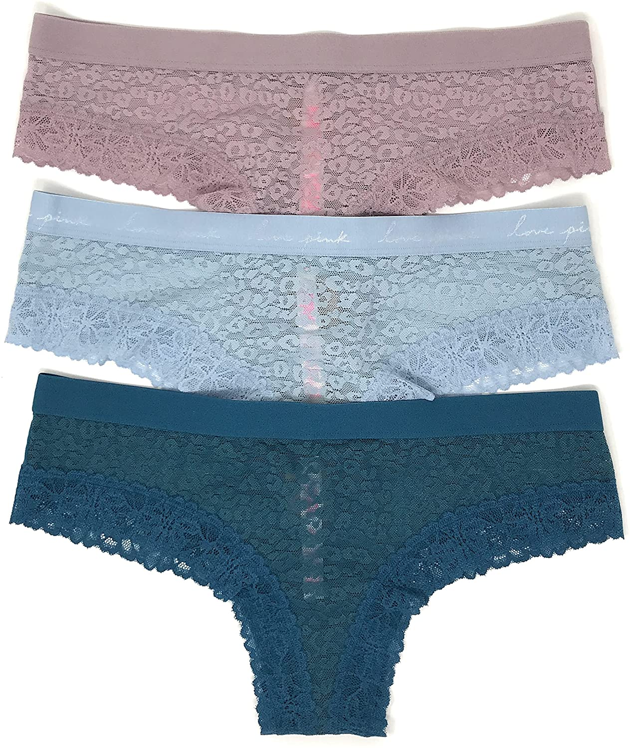 Victoria'S Secret Pink Cheekster Panty Set of 3 Victoria's Secret Lace Mauve / Light Teal / Teal Large