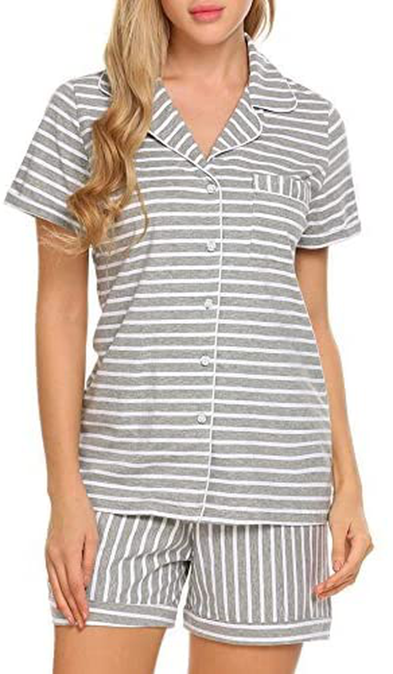 Ekouaer Pajamas Set Short Sleeve Sleepwear Womens Button Down Nightwear Soft Pj Lounge Sets XS-XXL Apparel & Accessories > Clothing > Sleepwear & Loungewear > Pajamas Ekouaer Pat-gray and White Stripe X-Small