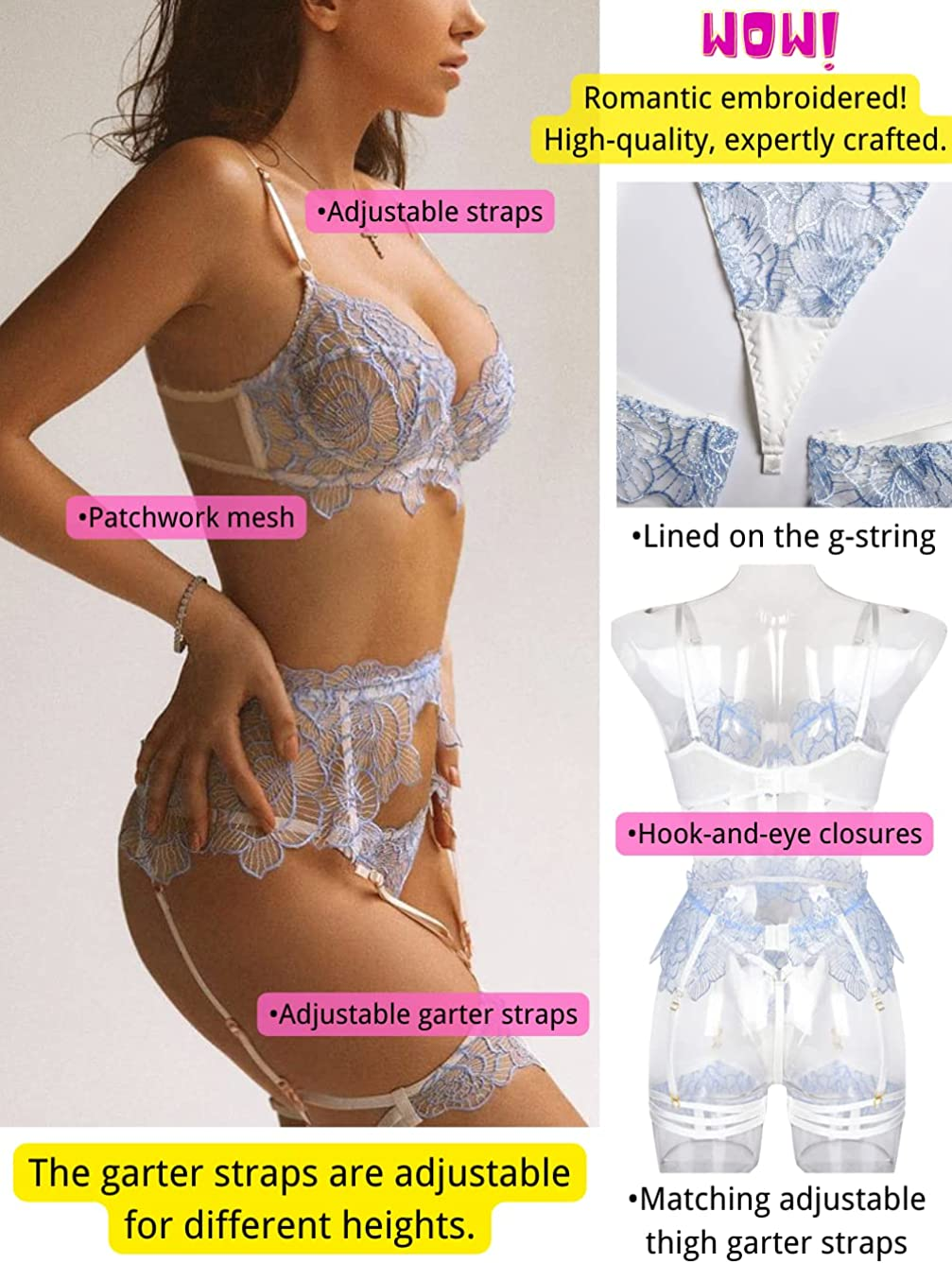Kaei&Shi Floral Embroidered Sheer,Underwire,G-String,Belt,Thigh Straps,4 Piece Garter Lingerie Set Apparel & Accessories > Clothing > Underwear & Socks > Lingerie Kaei&Shi