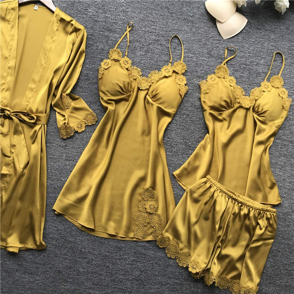 SAPJON Women'S 4Pcs Silk Satin Pajama Set Sexy Cami Top Nightgown Lace Sleepwear Robe Sets Nightdress with Chest Pads Apparel & Accessories > Clothing > Sleepwear & Loungewear Kylie Max