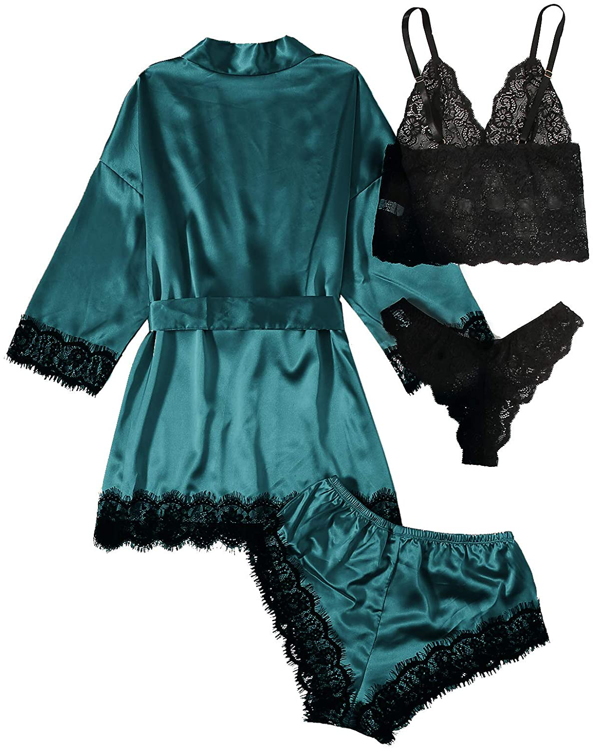SOLY HUX Women'S Sleepwear 4Pcs Floral Lace Trim Satin Cami Pajama Set with Robe Apparel & Accessories > Clothing > Sleepwear & Loungewear Kylie Max