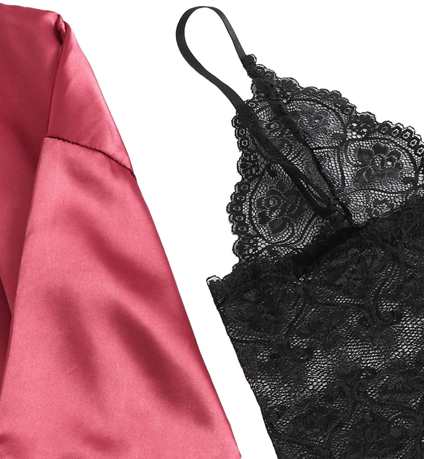 WDIRARA Women'S 4 Pieces Satin Floral Lace Cami Top Lingerie Pajama Set with Robe Apparel & Accessories > Clothing > Sleepwear & Loungewear Kylie Max