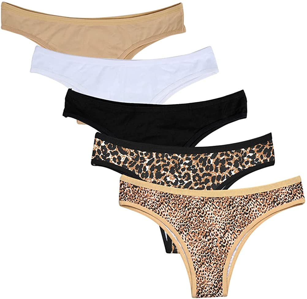 Nightaste Women'S 5-Pack Soft Cotton Tanga Panties Breathable Sport Half Back Coverage Bikini Thong Underwear Apparel & Accessories > Clothing > Underwear & Socks > Underwear Nightaste Black/Beige/White/2leopard X-Large