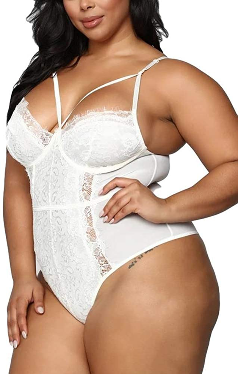 Plus Size Lingerie for Women Sexy Eyelash Lace Bodysuit Naughty Mesh One Piece Teddy Outfits Apparel & Accessories > Clothing > Underwear & Socks > Lingerie KYLIE MAX