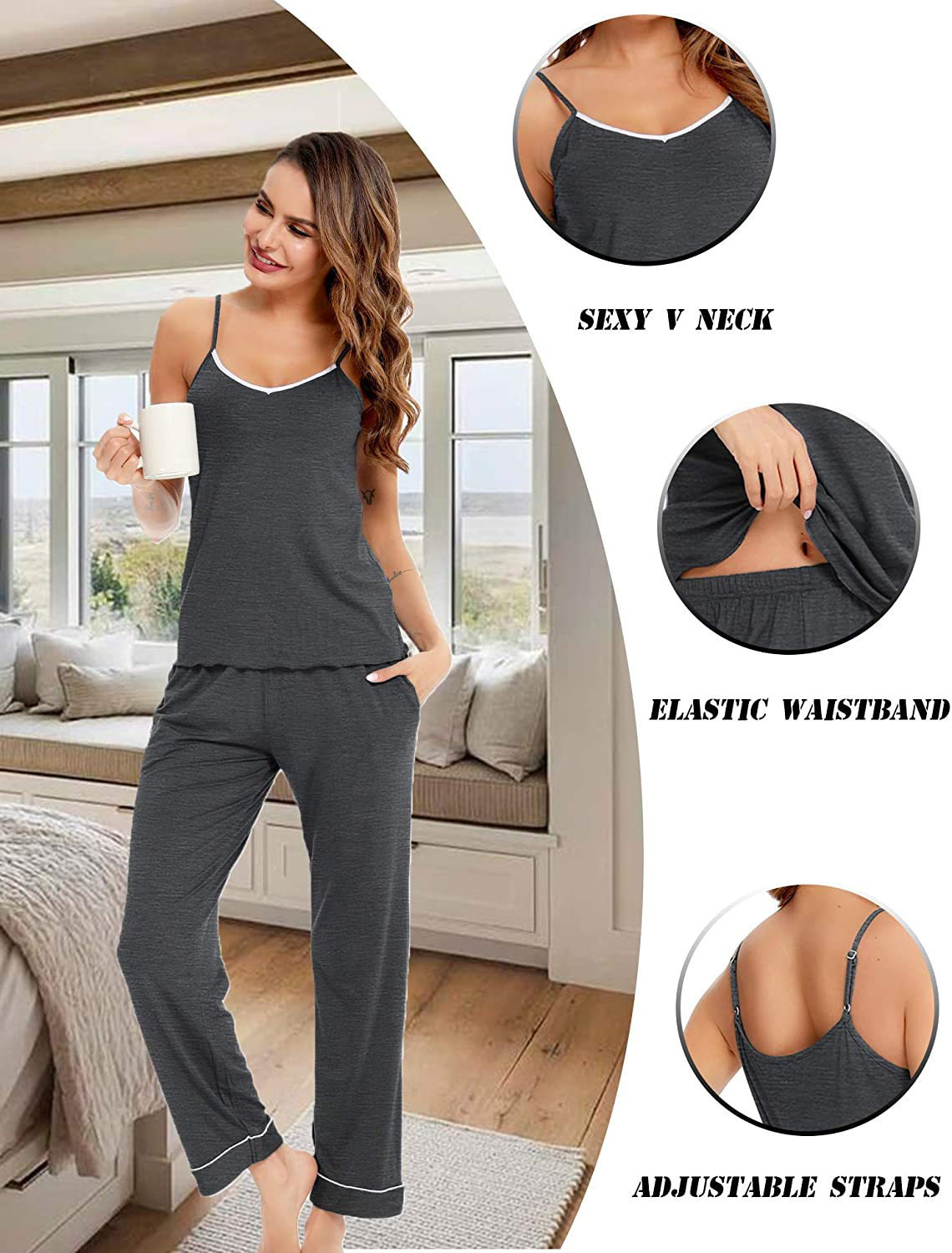 Lecgee Women'S Pajamas Set V-Neck Two Piece Sleepwear Spaghetti Strap Sleeveless Nightwear Apparel & Accessories > Clothing > Sleepwear & Loungewear Kylie Max
