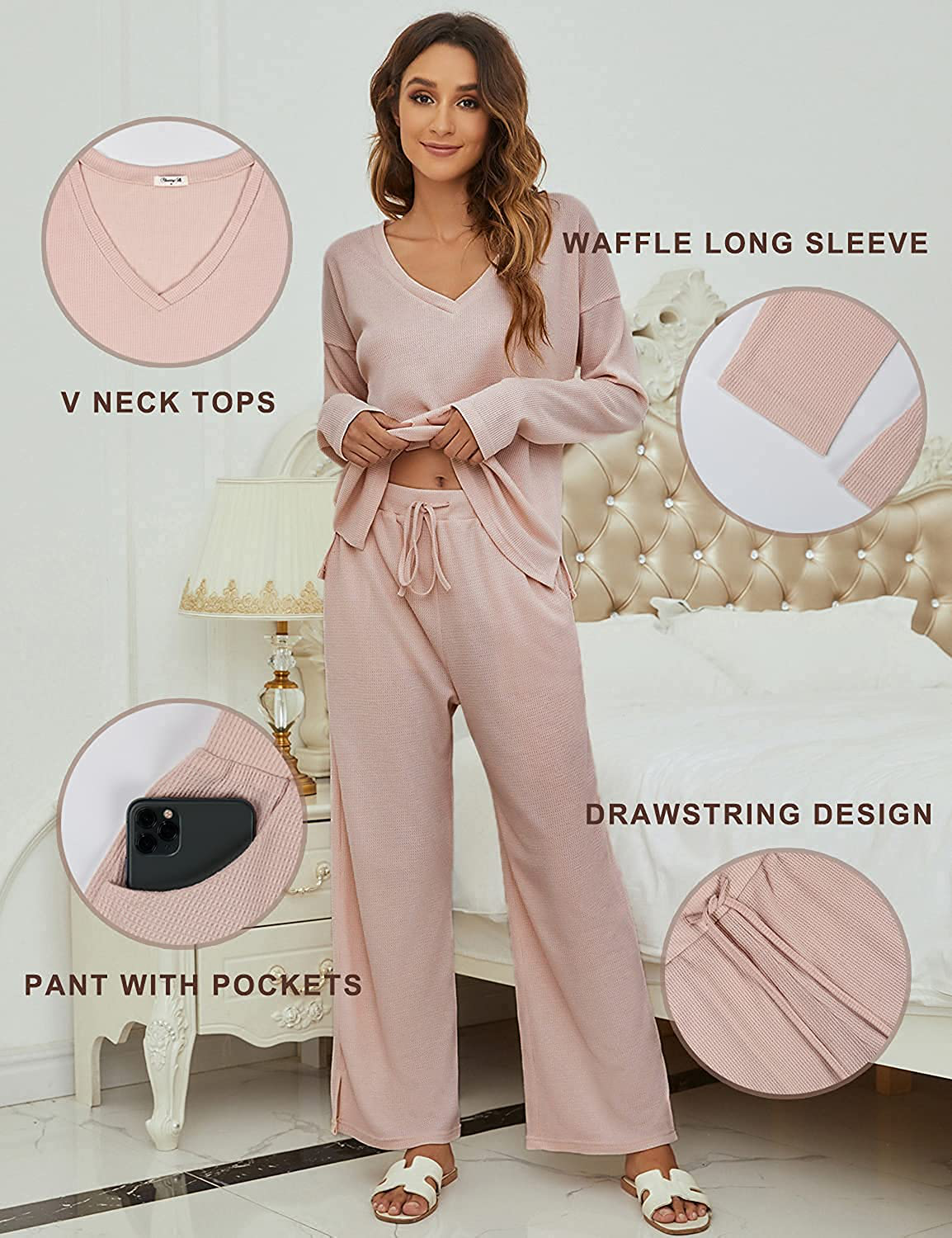 Blooming Jelly Womens Waffle Lounge Set Long Sleeve Shirt with Pockets Palazzo Pants Two Piece Outfits Apparel & Accessories > Clothing > Sleepwear & Loungewear > Pajamas Blooming Jelly