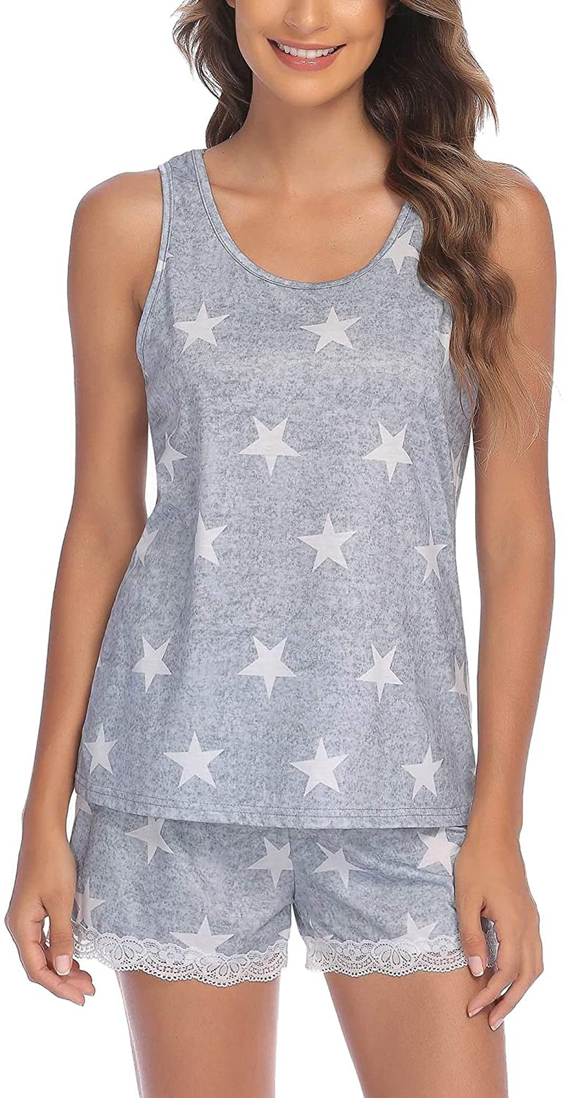 Ekouaer Womens Pajama Set Sleeveless Tank Top and Shorts Pj Set Lace Hem Sleepwear S-XXL Apparel & Accessories > Clothing > Sleepwear & Loungewear > Pajamas Ekouaer Star Large