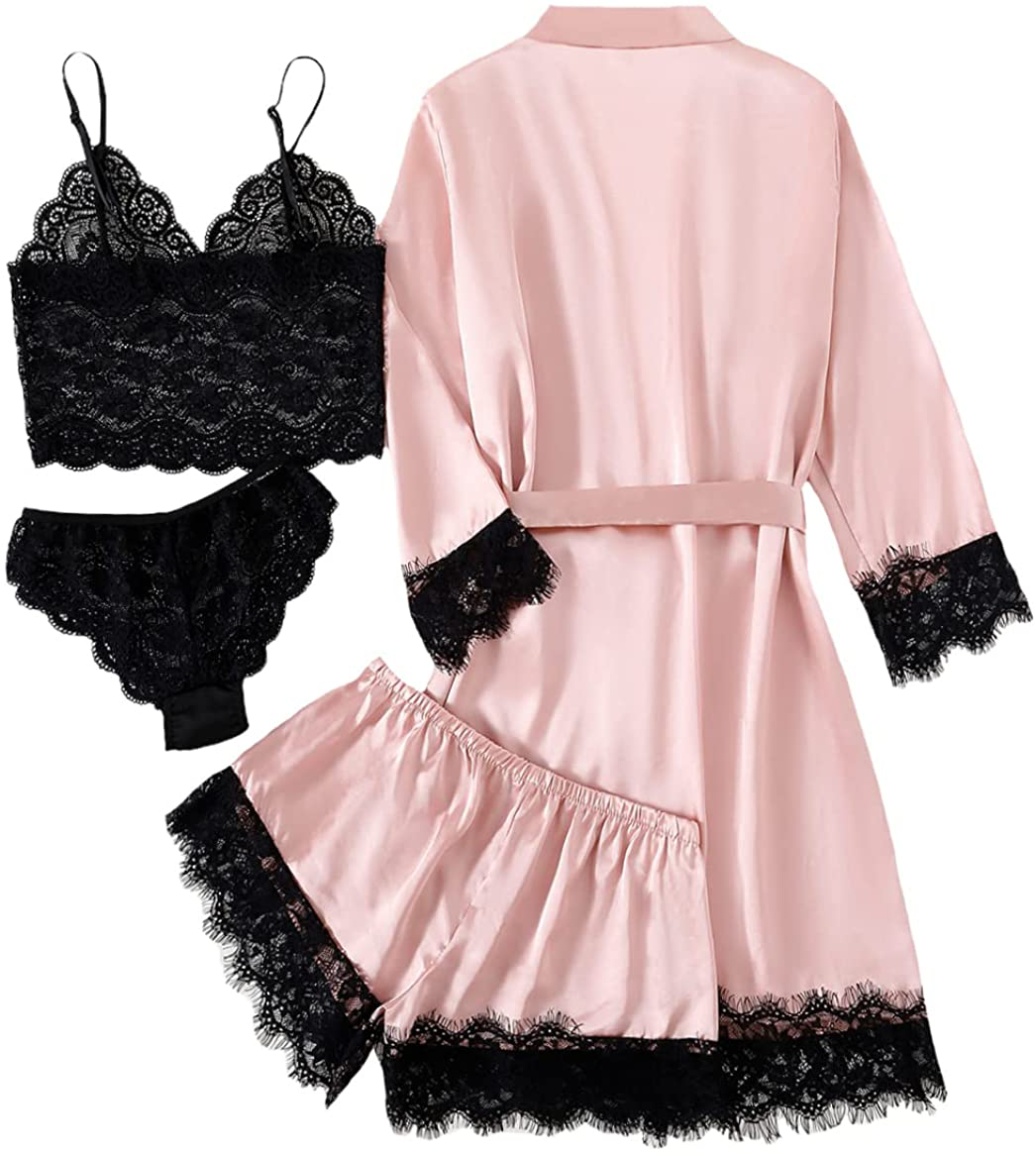 LYANER Women'S 4Pcs Sleepwear Satin Floral Lace Trim Cami Pajama Set with Robe Apparel & Accessories > Clothing > Sleepwear & Loungewear Kylie Max