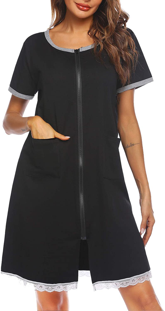 Ekouaer Womens Zip Front Robes Lightweight House Coat Zipper Nightgown(S-Xxl) Apparel & Accessories > Clothing > Sleepwear & Loungewear > Robes Ekouaer Black Large