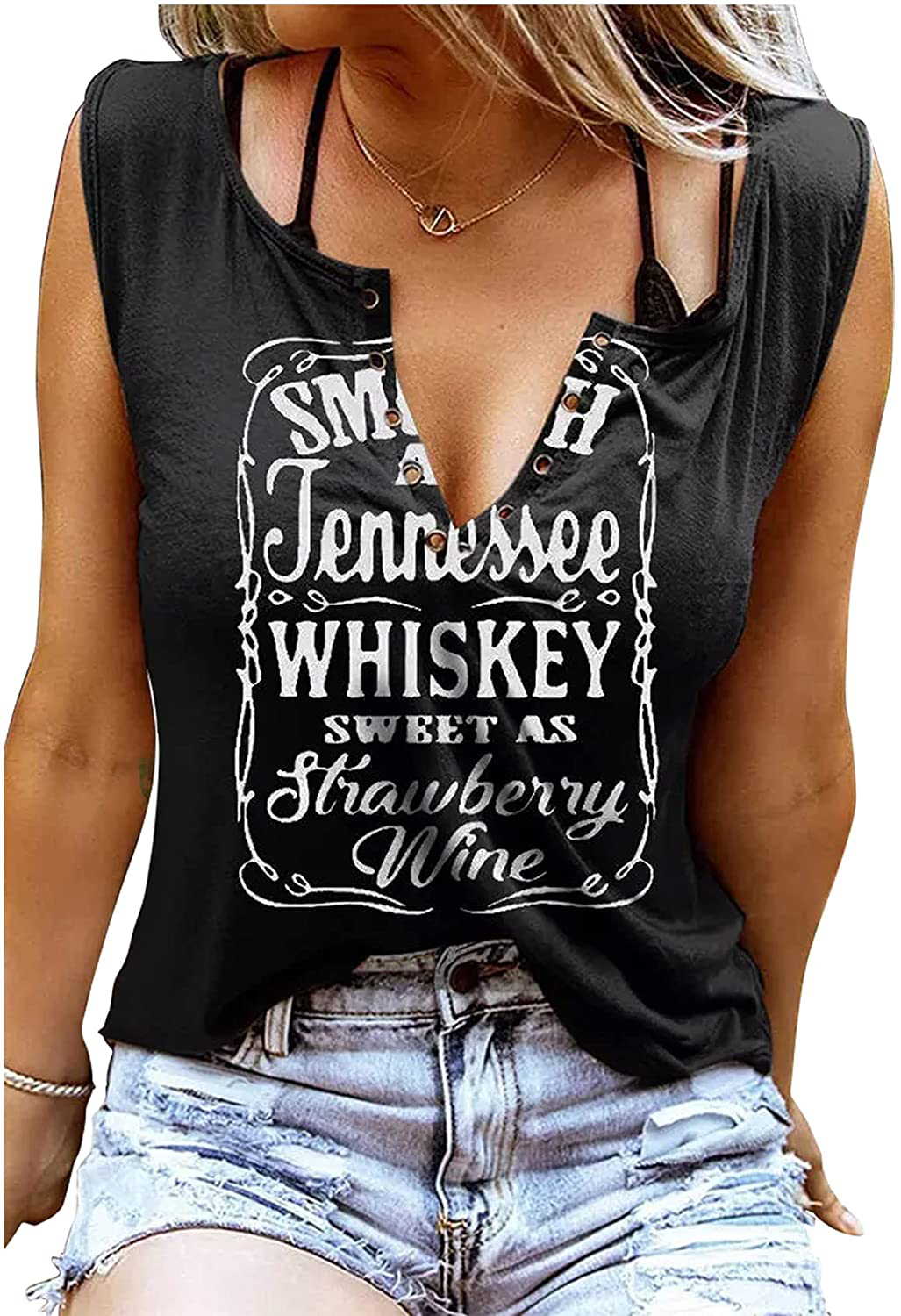 Smooth as Tennessee Whiskey Sweet as Strawberry Wine Shirt Ring Hole Sleeveless V-Neck Tank Top Womens Country Music Tee Apparel & Accessories > Clothing > Activewear Kylie Max