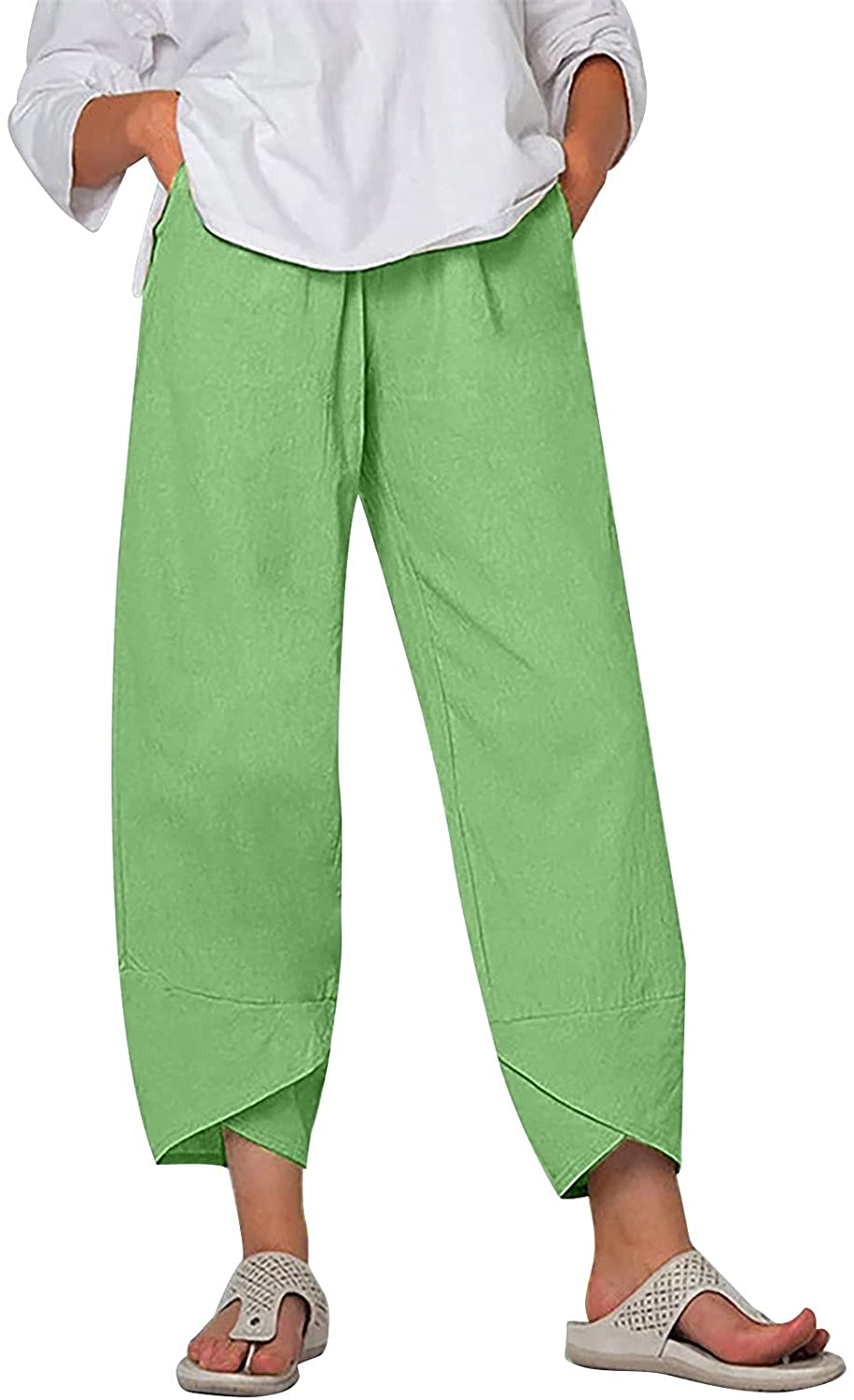 Burband Womens Summer Baggy Cotton Linen Cropped Work Pants Casual Drawstring Loose Beach Yoga Harem Pants plus Size S-6XL Apparel & Accessories > Clothing > Underwear & Socks > Shapewear Burband
