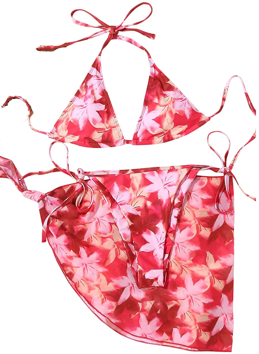 SOLY HUX Women'S Tie Dye Wrap Bikini Bathing Suits with Mesh Beach Skirt 3 Piece Swimsuits Apparel & Accessories > Clothing > Underwear & Socks > Lingerie KYLIE MAX Red Floral Large