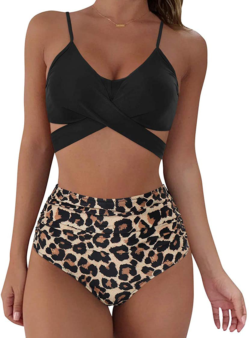 SUUKSESS Women Wrap Bikini Set Push Up High Waisted 2 Piece Swimsuits Apparel & Accessories > Clothing > Swimwear SUUKSESS 1-87 Black Leopard 16-18