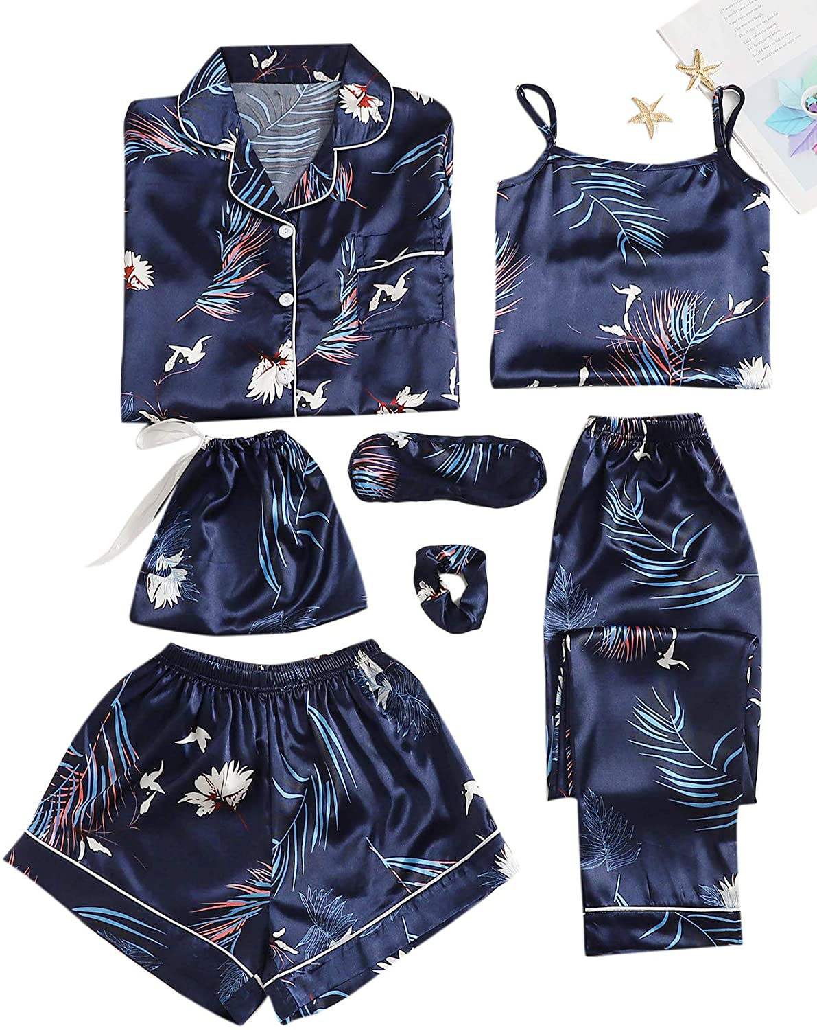 Shein Women'S plus Size Sleepwear 7Pcs Satin Pajama Sets Cami Shorts Loungewear Apparel & Accessories > Clothing > Sleepwear & Loungewear Kylie Max