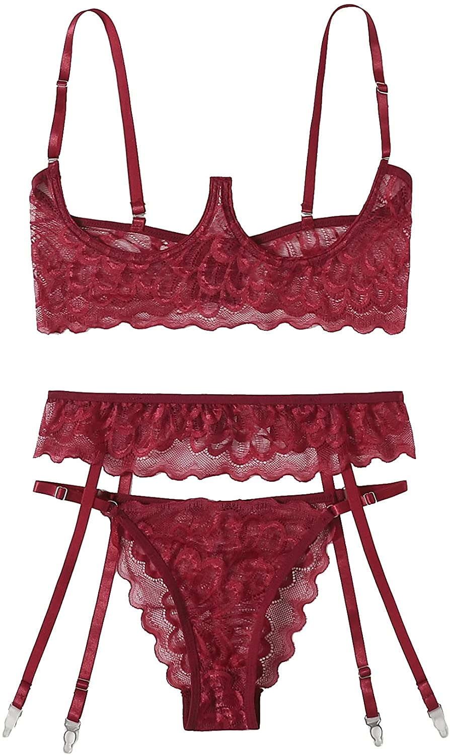 Shein Women'S 3 Piece Floral Lace Lingerie Set with Garter Belts Sexy Bra and Panty Apparel & Accessories > Clothing > Underwear & Socks > Lingerie SheIn Plain Burgundy X-Large