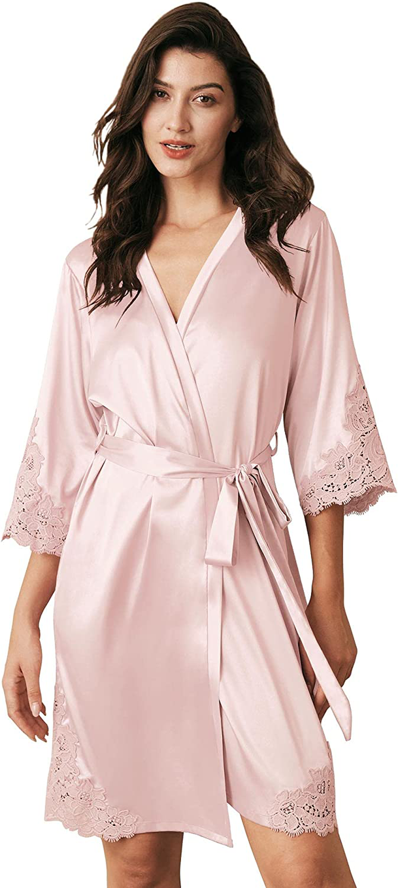 AW BRIDAL Women'S Satin Robe Lace Trim Kimono Silk Robe Short Bridal Party Robes for Brides Bridesmaids Wedding Loungewear Apparel & Accessories > Clothing > Sleepwear & Loungewear > Robes AW BRIDAL Blush Medium