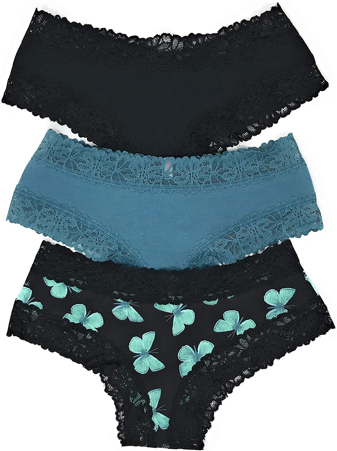 Victoria'S Secret Pink Cheekster Panty Set of 3  Victoria's Secret Lace Trim Black / Status Blue / Butterflies Medium