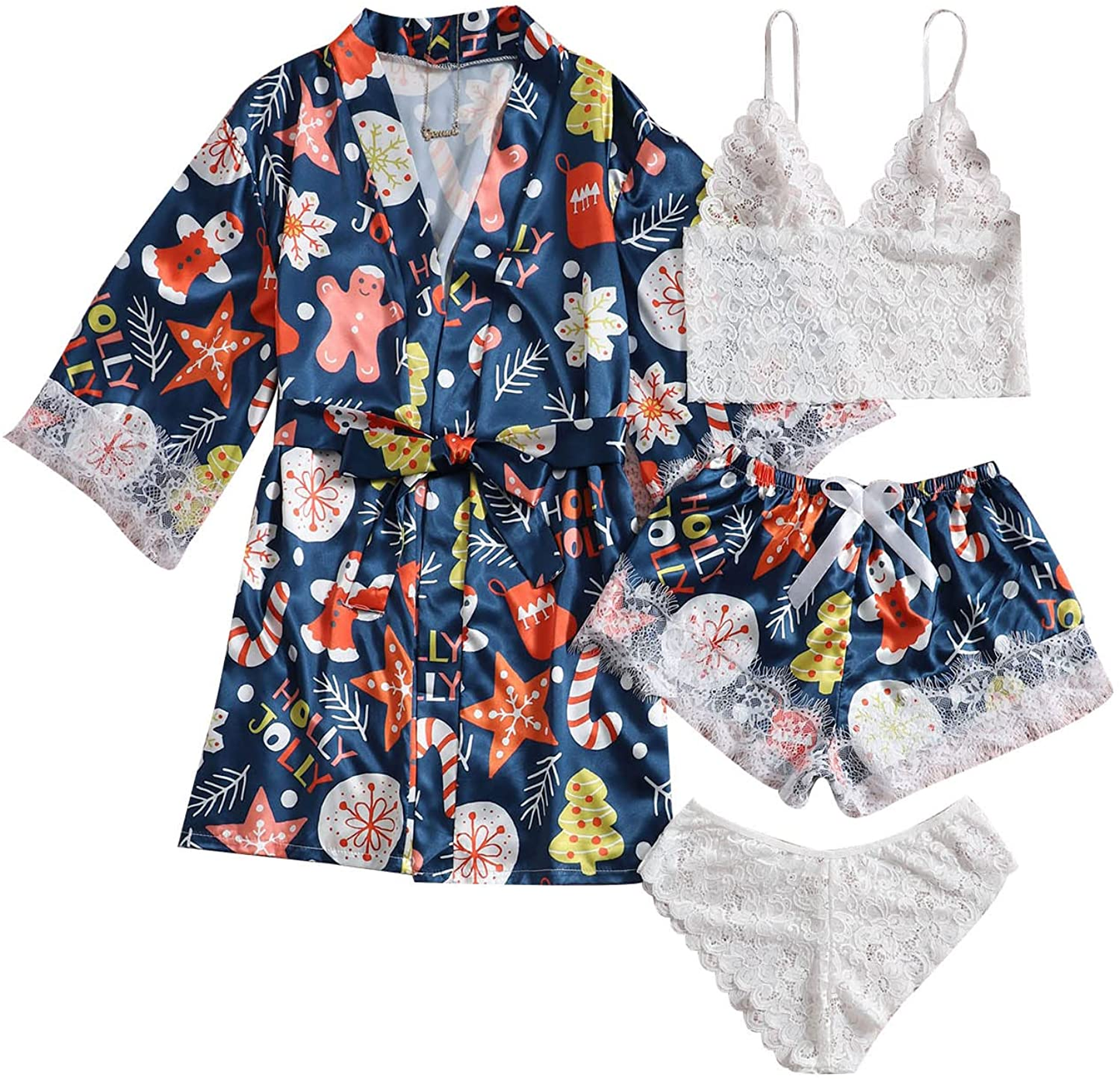 WDIRARA Women'S 4 Pieces Satin Floral Lace Cami Top Lingerie Pajama Set with Robe Apparel & Accessories > Clothing > Underwear & Socks > Lingerie WDIRARA Multi Christmas Small