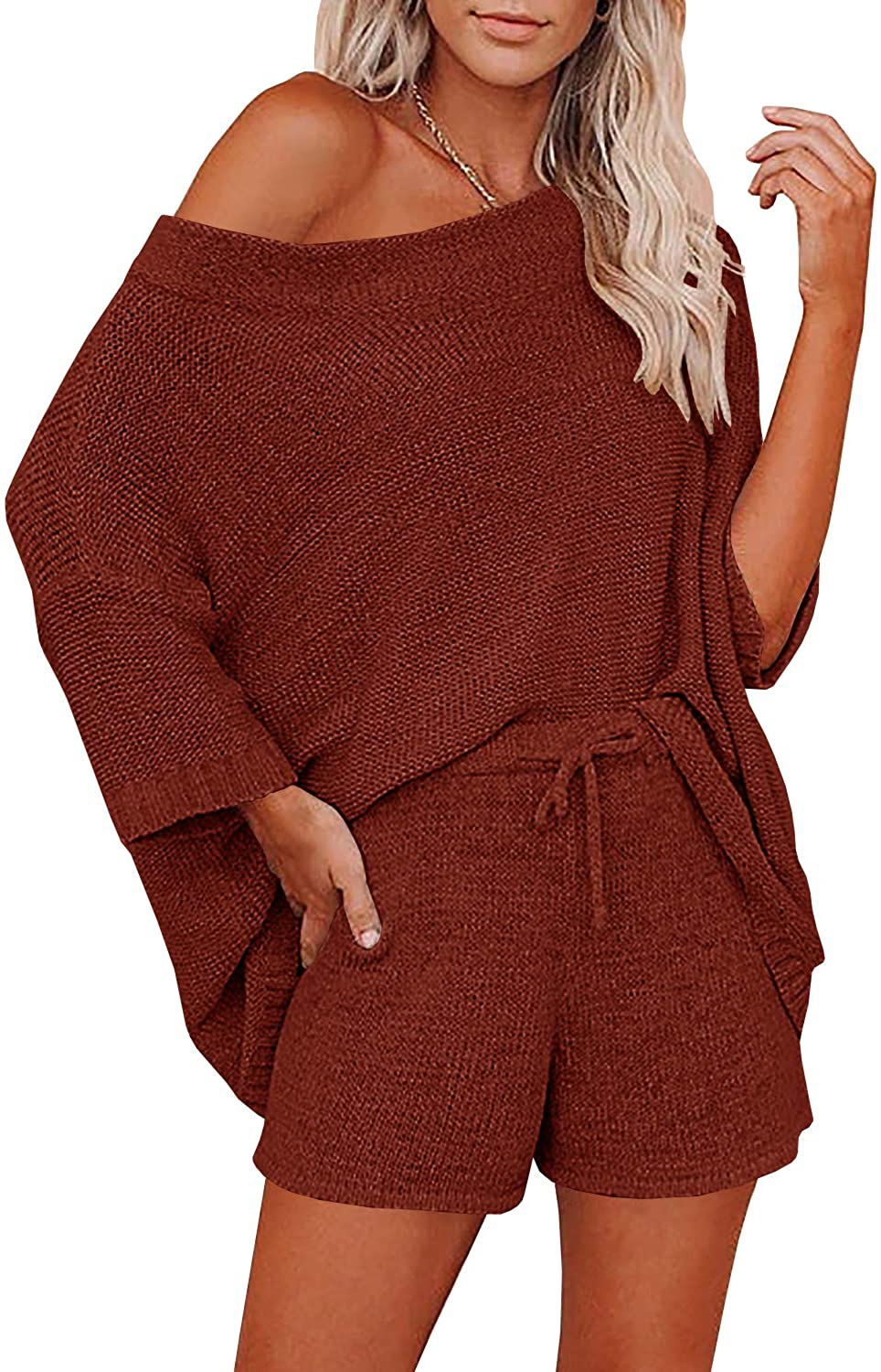 Ermonn Womens 2 Piece Outfits Sweater Sets off Shoulder Knit Tops Waist Short Suits Casual Pajama Set Apparel & Accessories > Clothing > Sleepwear & Loungewear Kylie Max