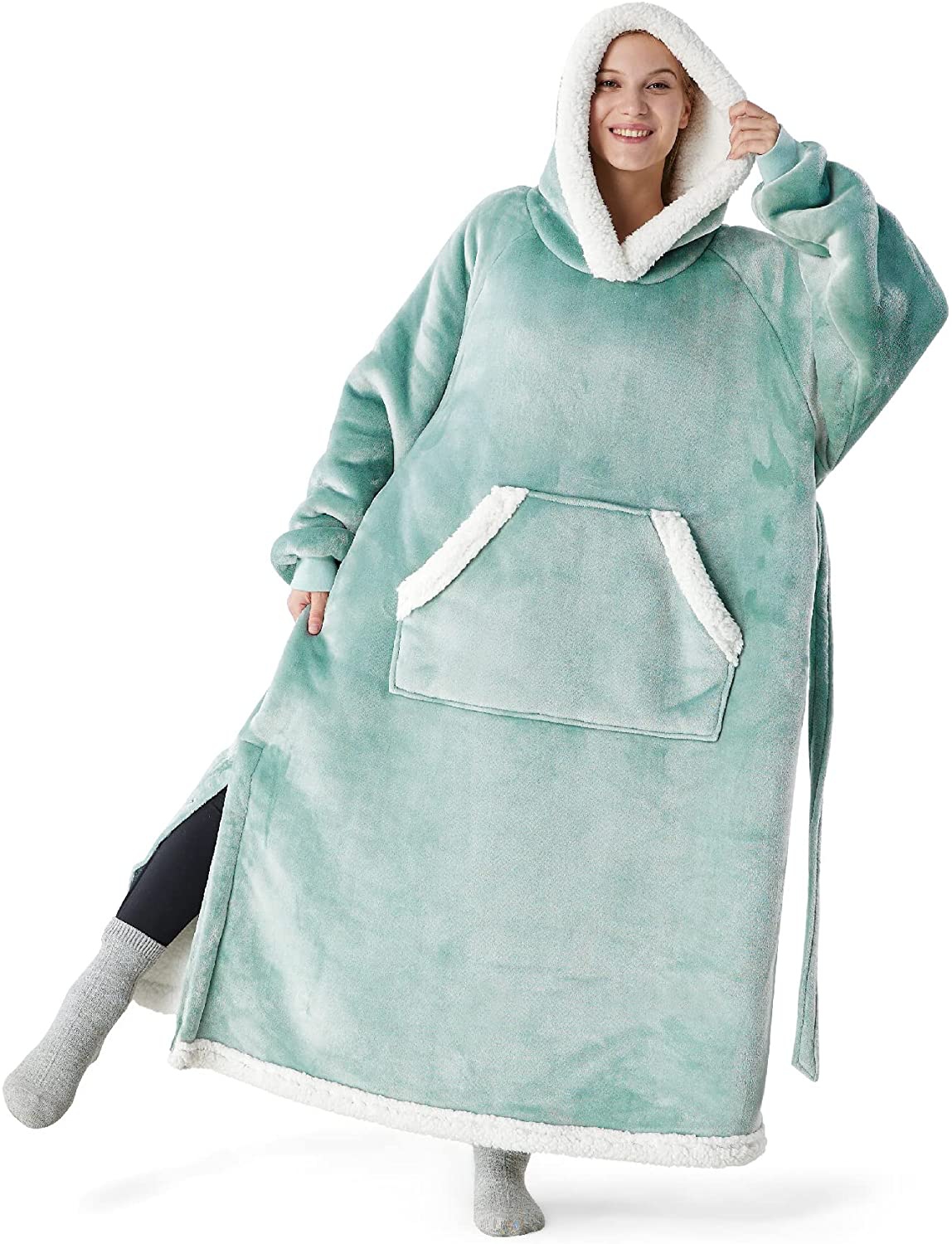 Bedsure Pink Wearable Blanket Hoodie Gift for Women- Long-Length Hooded Blanket Sweatshirt Adult with Side Split and Belt, Warm Sherpa Sweater Blanket Jacket Arts & Entertainment > Party & Celebration > Gift Giving Bedsure Light Green Oversize