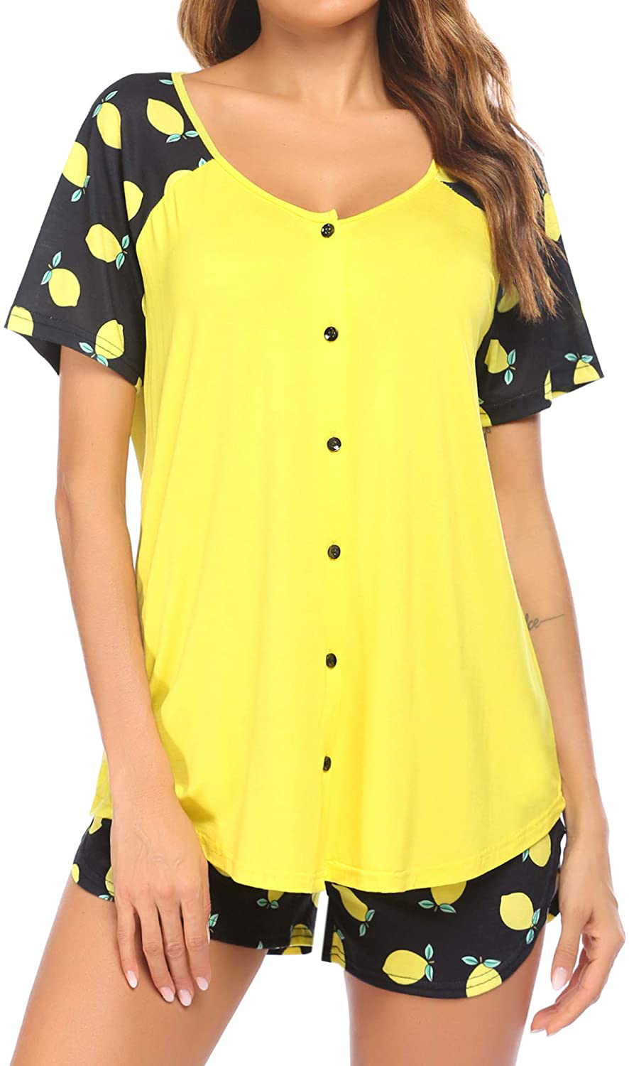 Ekouaer Women's Pajama Short Sleeve Sleepwear Soft Pj Set Top and Shorts Pajamas Set Apparel & Accessories > Clothing > Sleepwear & Loungewear > Pajamas Ekouaer Style 1_lemon Small