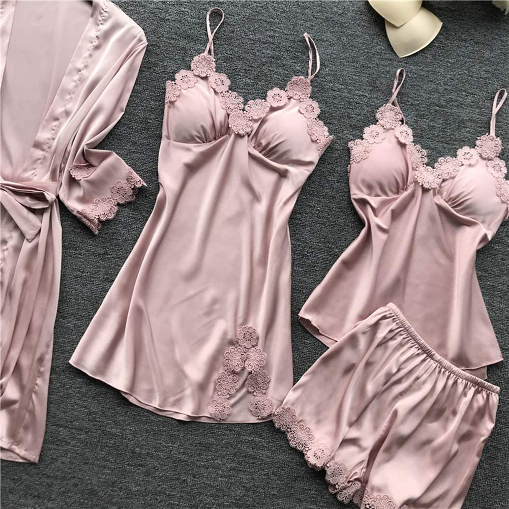 SAPJON Women'S 4Pcs Silk Satin Pajama Set Sexy Cami Top Nightgown Lace Sleepwear Robe Sets Nightdress with Chest Pads Apparel & Accessories > Clothing > Sleepwear & Loungewear Kylie Max