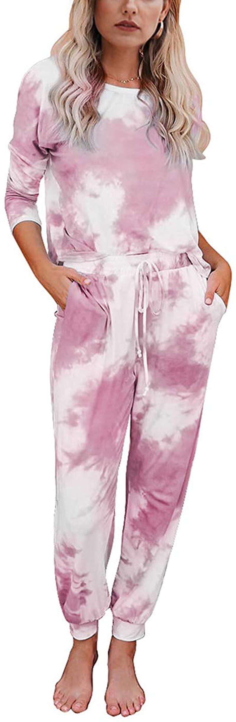KIRUNDO Women’s Tie Dye Pajamas Set Long Sleeves Jogger PJ Sets Two Pieces Round Neck Loungewear Nightwear Sleepwear Apparel & Accessories > Clothing > Sleepwear & Loungewear > Pajamas KIRUNDO Pink Large