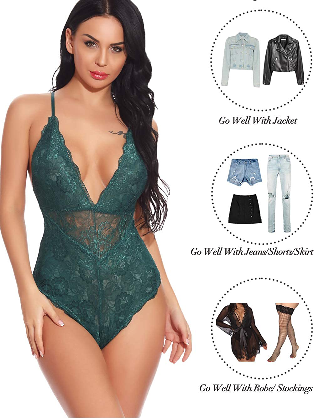 Kaei&Shi V-Neck See Through Lingerie Floral Lace Babydoll Sexy Lingerie for Women One Piece Bodysuit Apparel & Accessories > Clothing > Underwear & Socks > Lingerie Kaei&Shi