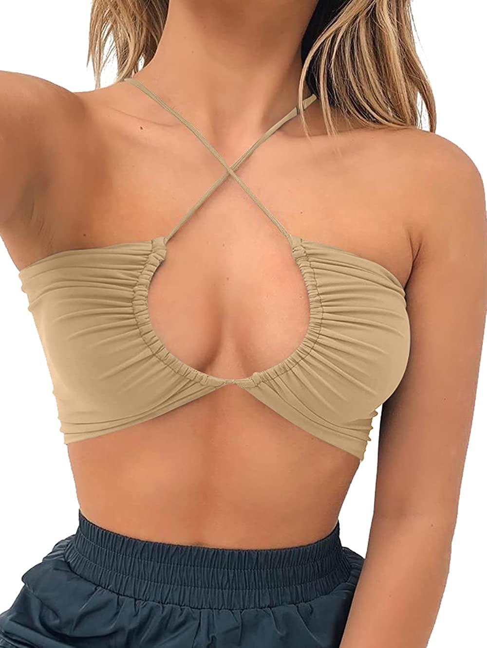 TOB Women'S Sexy Criss Cross Lace up Sling Basic Bow Tie Crop Top Apparel & Accessories > Clothing > Underwear & Socks > Lingerie TOB Khaki Medium
