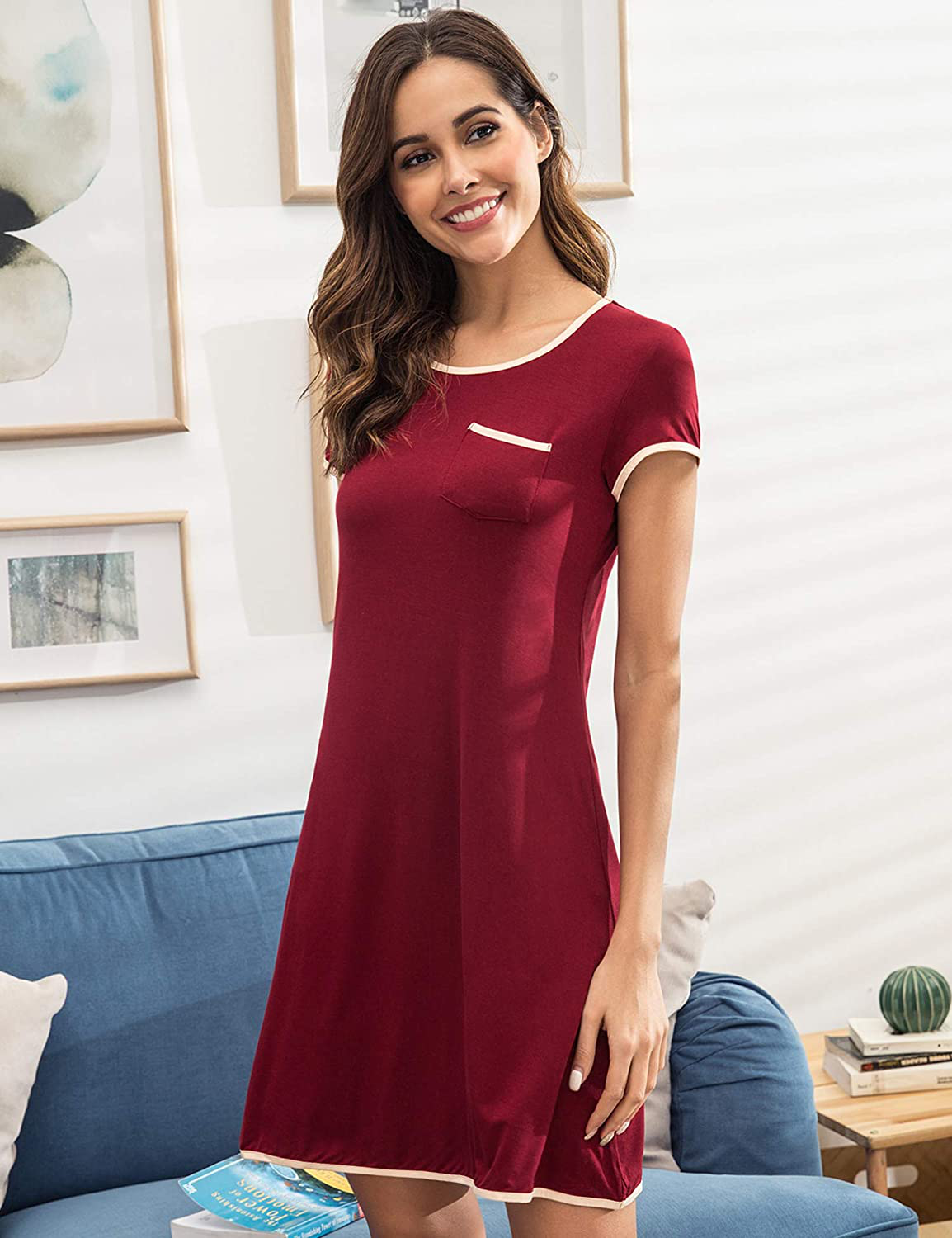 Ekouaer Womens Nightgown Sleep Shirt Dress Satin Patchwork Short Sleeve Sleepwear with Pocket Apparel & Accessories > Clothing > Sleepwear & Loungewear > Nightgowns Kylie Max