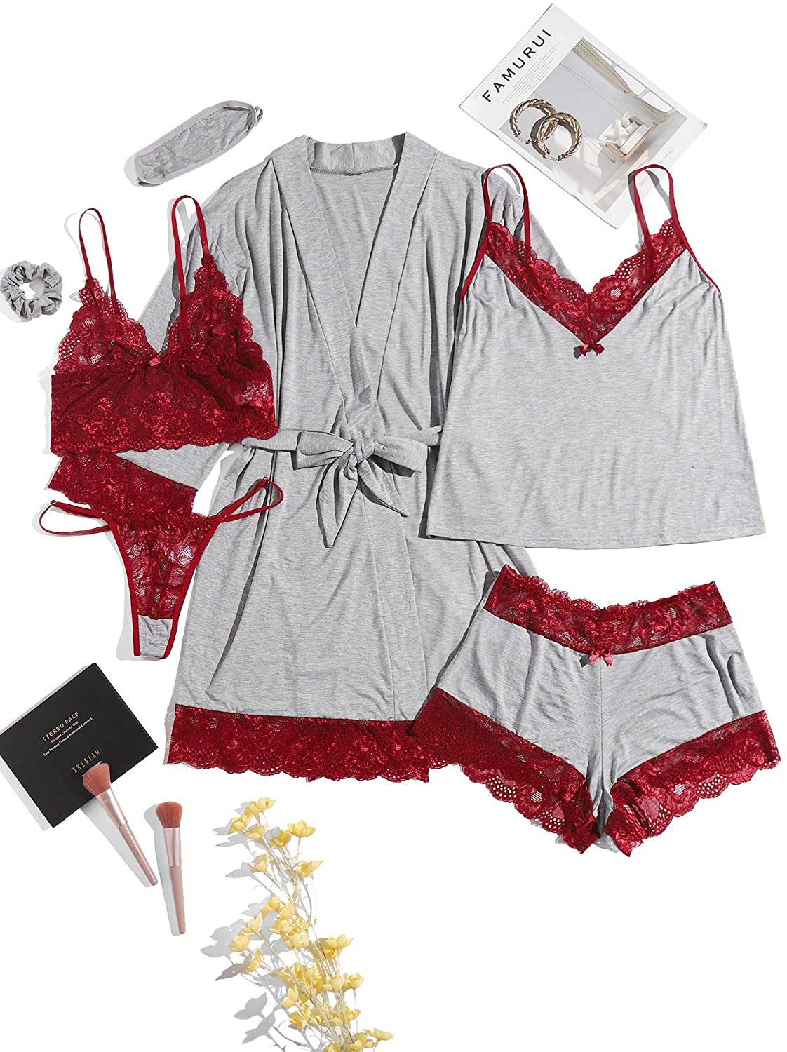 Shein Women'S 7Pcs Floral Lace Trim Cami Pajama Set with Robe and Eye Mask Apparel & Accessories > Clothing > Sleepwear & Loungewear Kylie Max