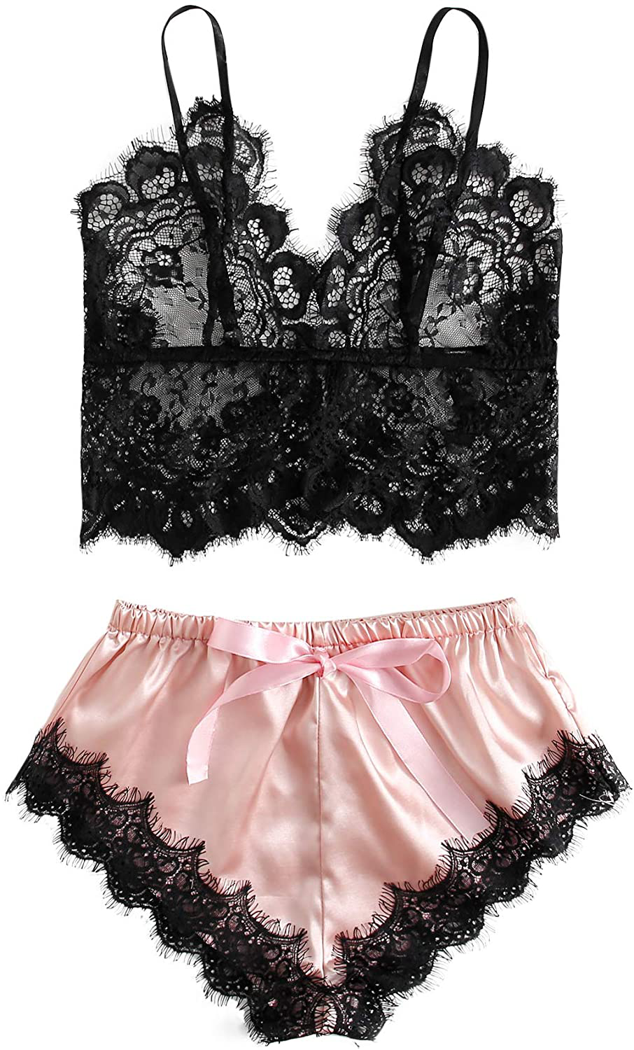 SOLY HUX Women'S Lace Sheer Cami Top with Satin Shorts Pajama Set Sleepwear Apparel & Accessories > Clothing > Sleepwear & Loungewear Kylie Max