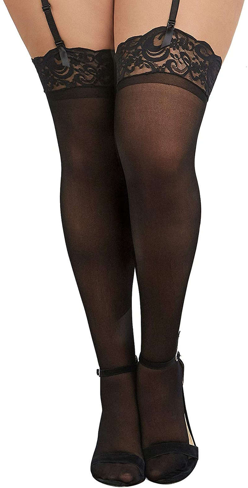 Dreamgirl Women'S Sheer Thigh-High Stockings with Silicone Lace Top Apparel & Accessories > Clothing > Underwear & Socks > Shapewear Dreamgirl Black One Size