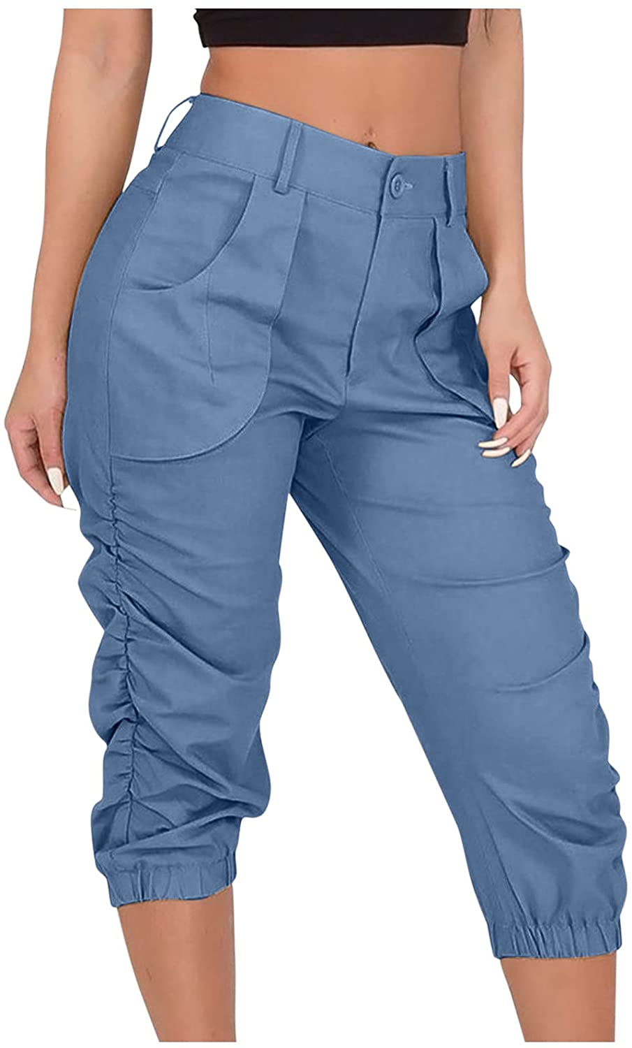 Burband Womens Jersey Capris Cargo Sweatpants Drawstring Waist Cropped Jogger Athletic Sports Gym Pants with Side Pockets Apparel & Accessories > Clothing > Underwear & Socks > Shapewear Burband Blue XX-Large