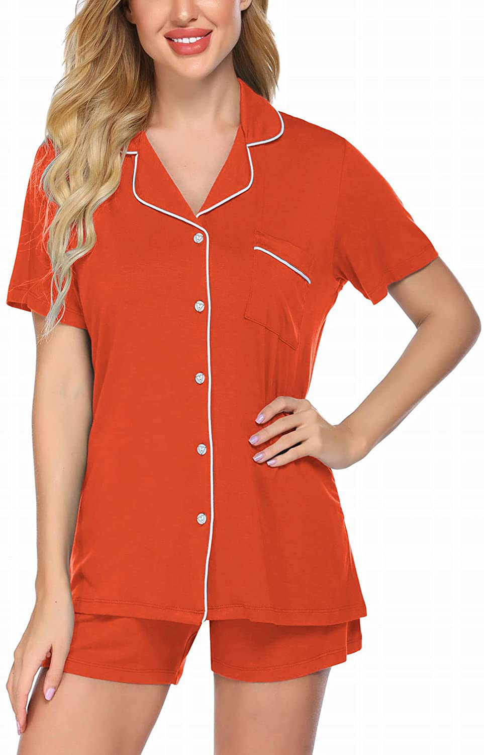 Ekouaer Pajamas Set Short Sleeve Sleepwear Womens Button Down Nightwear Soft Pj Lounge Sets XS-XXL Apparel & Accessories > Clothing > Sleepwear & Loungewear > Pajamas Ekouaer Orange XX-Large